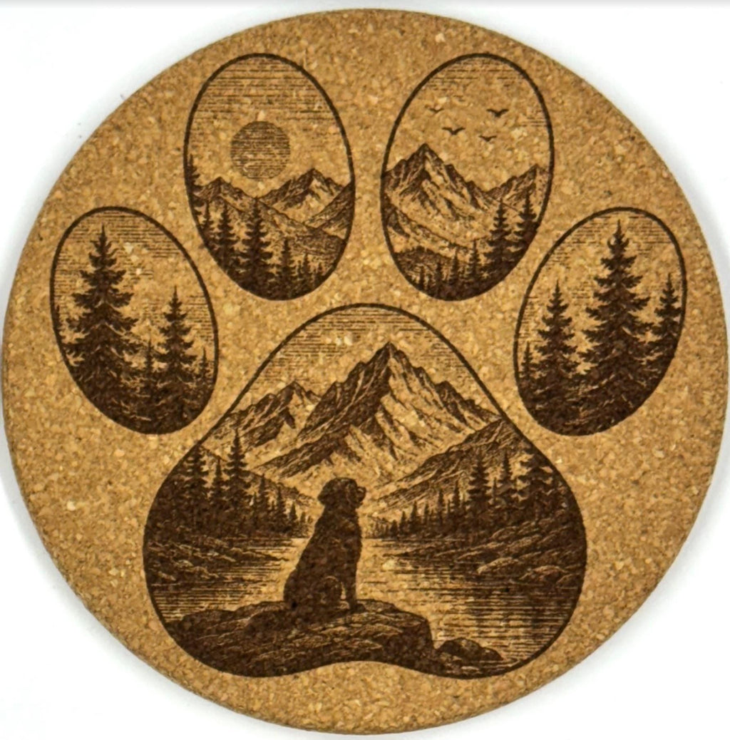 Mountain Dog Paw Print Round Cork Coaster Set, Rustic Nature Lover, Woodland Cabin Decor
