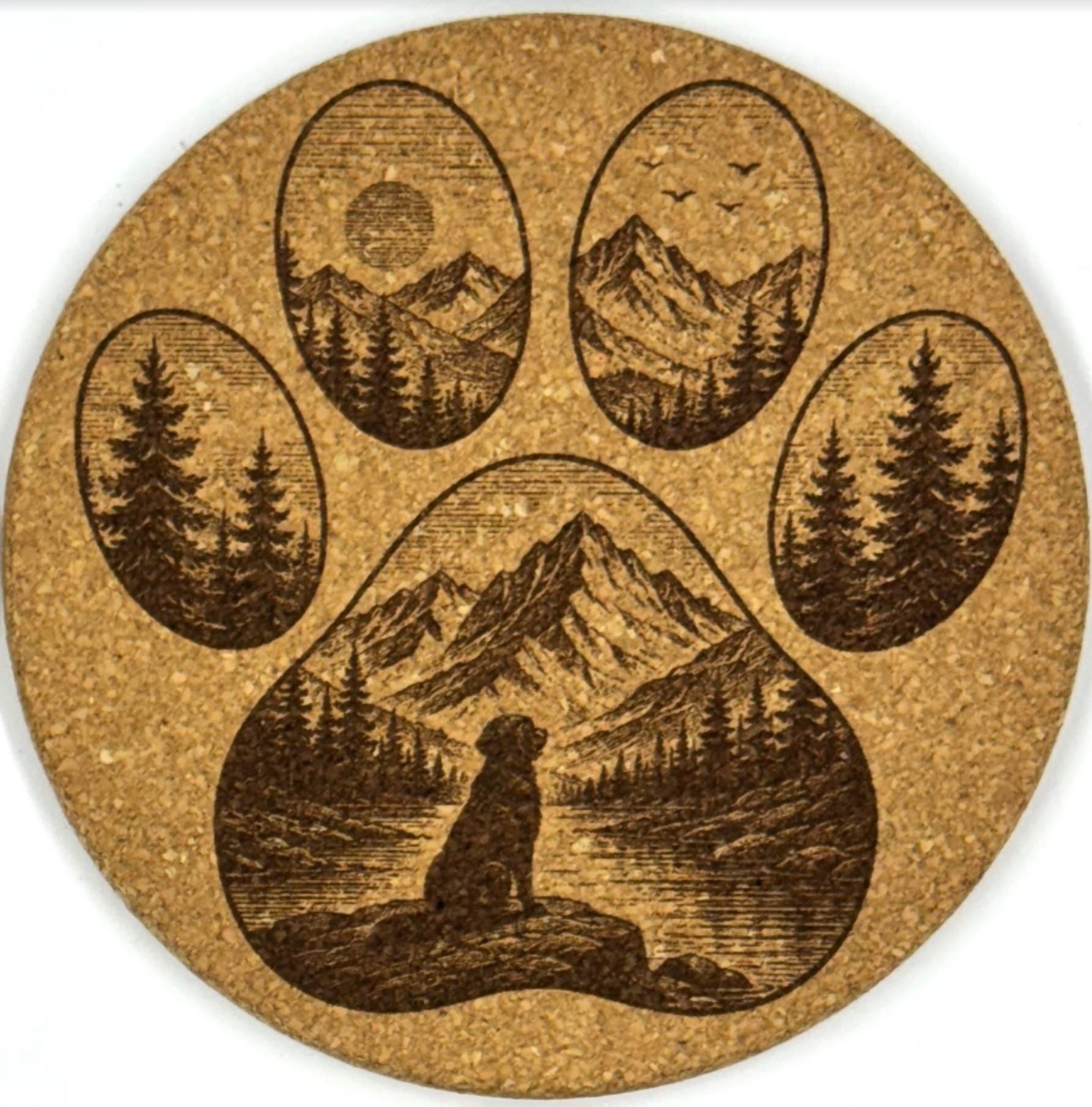 Mountain Dog Paw Print Round Cork Coaster Set, Rustic Nature Lover, Woodland Cabin Decor