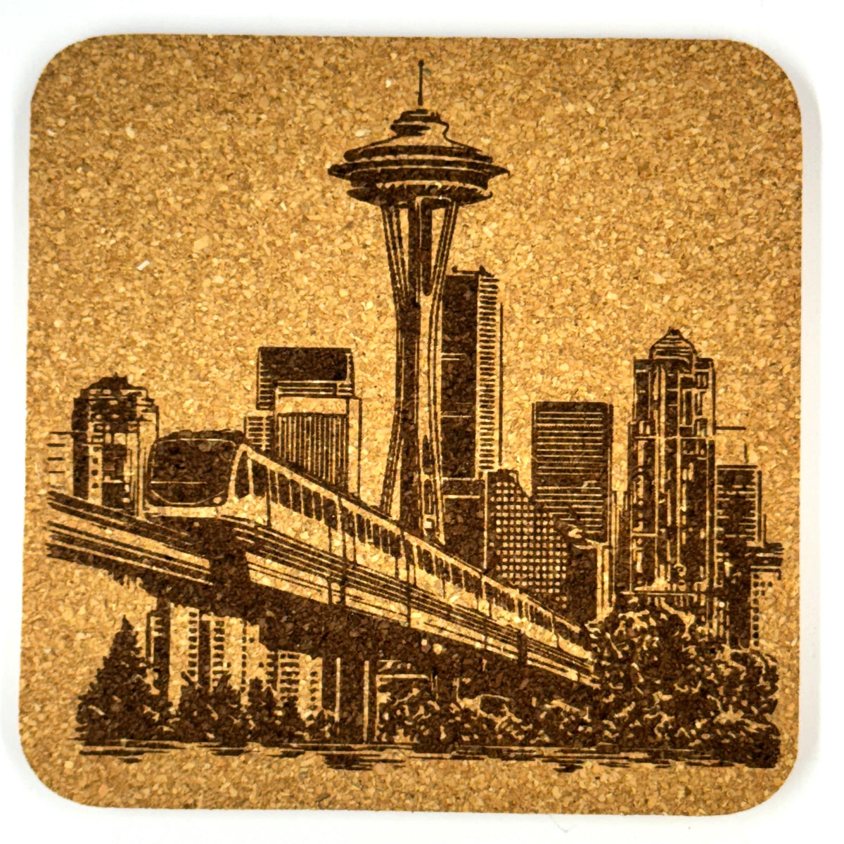 Seattle Landmark Cork Coasters Featuring Iconic City Scenes - Set of 4 Laser Engraved