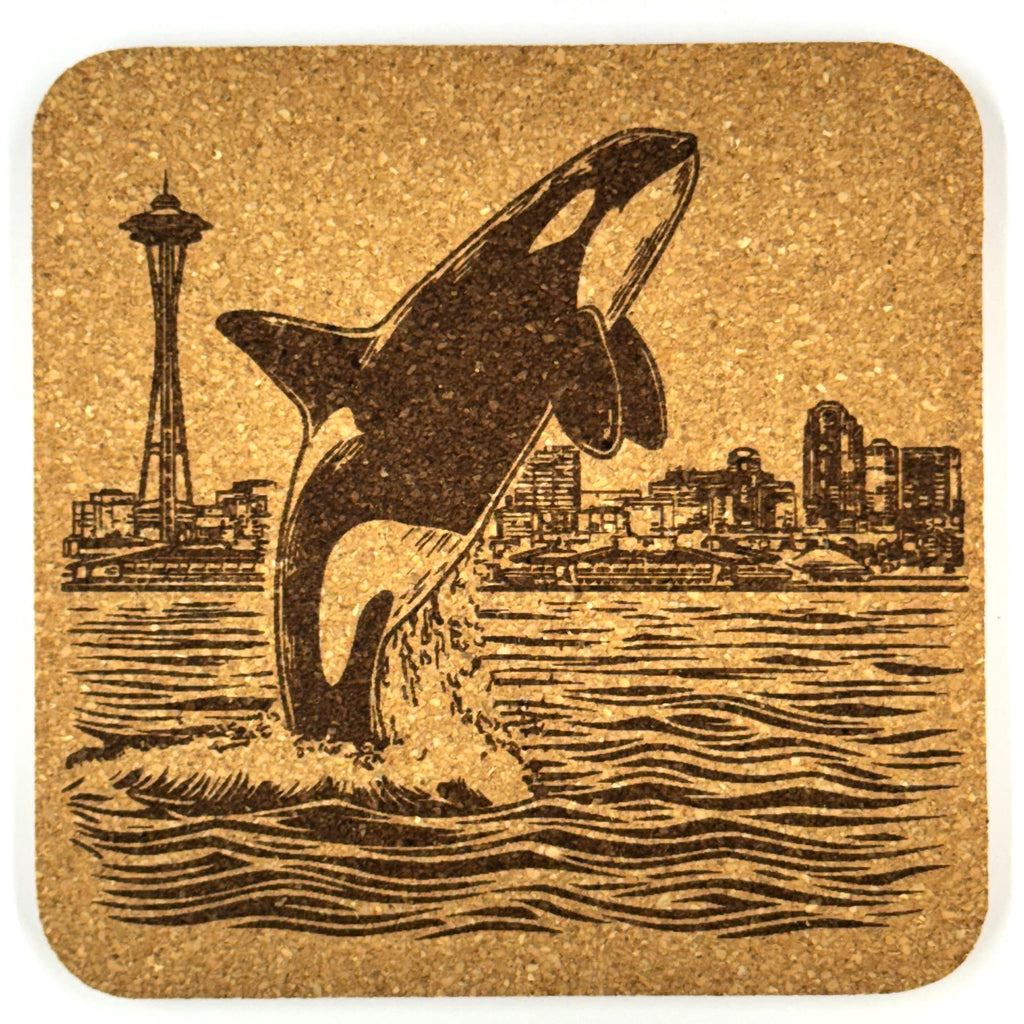 Seattle Landmark Cork Coasters Featuring Iconic City Scenes - Set of 4 Laser Engraved