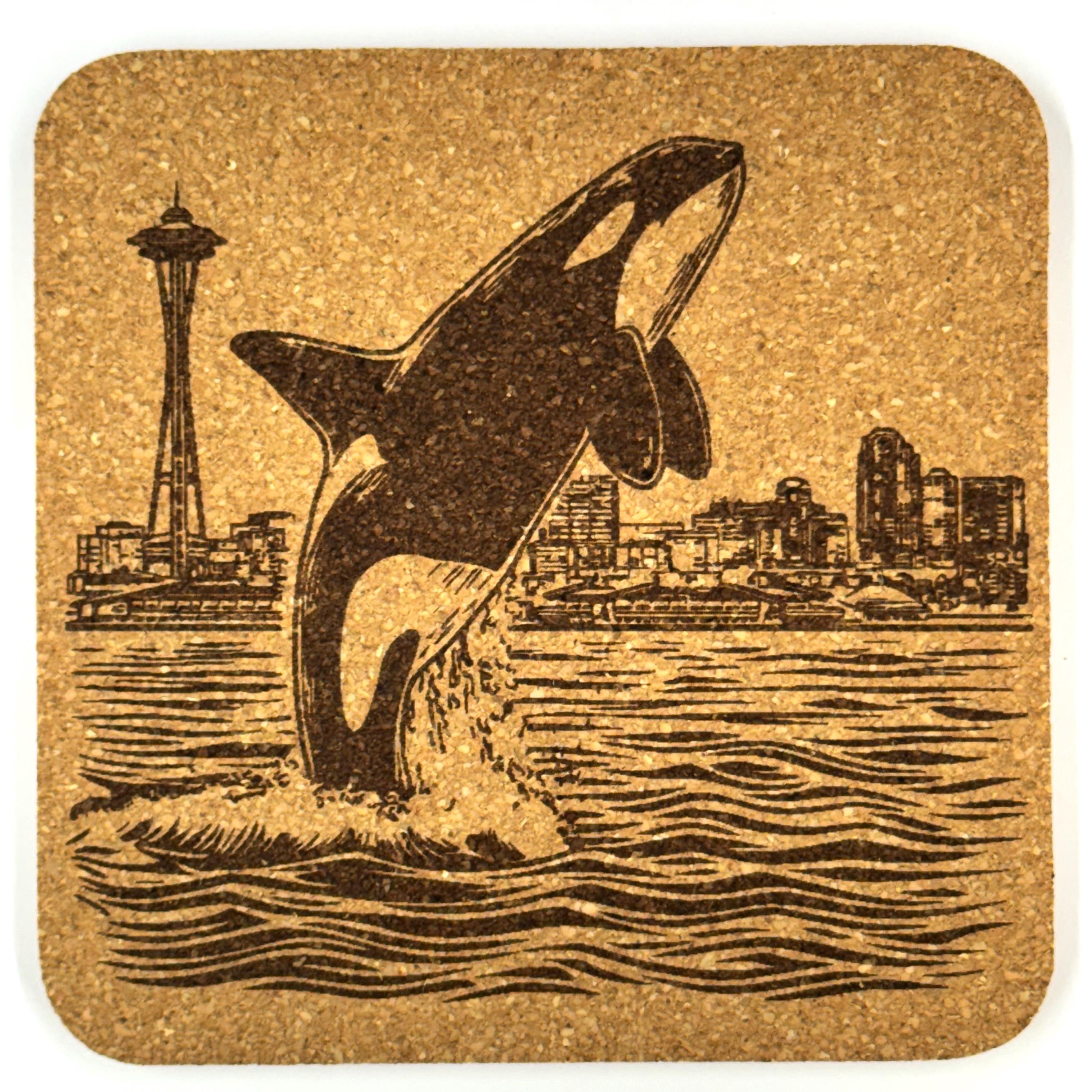 Seattle Landmark Cork Coasters Featuring Iconic City Scenes - Set of 4 Laser Engraved