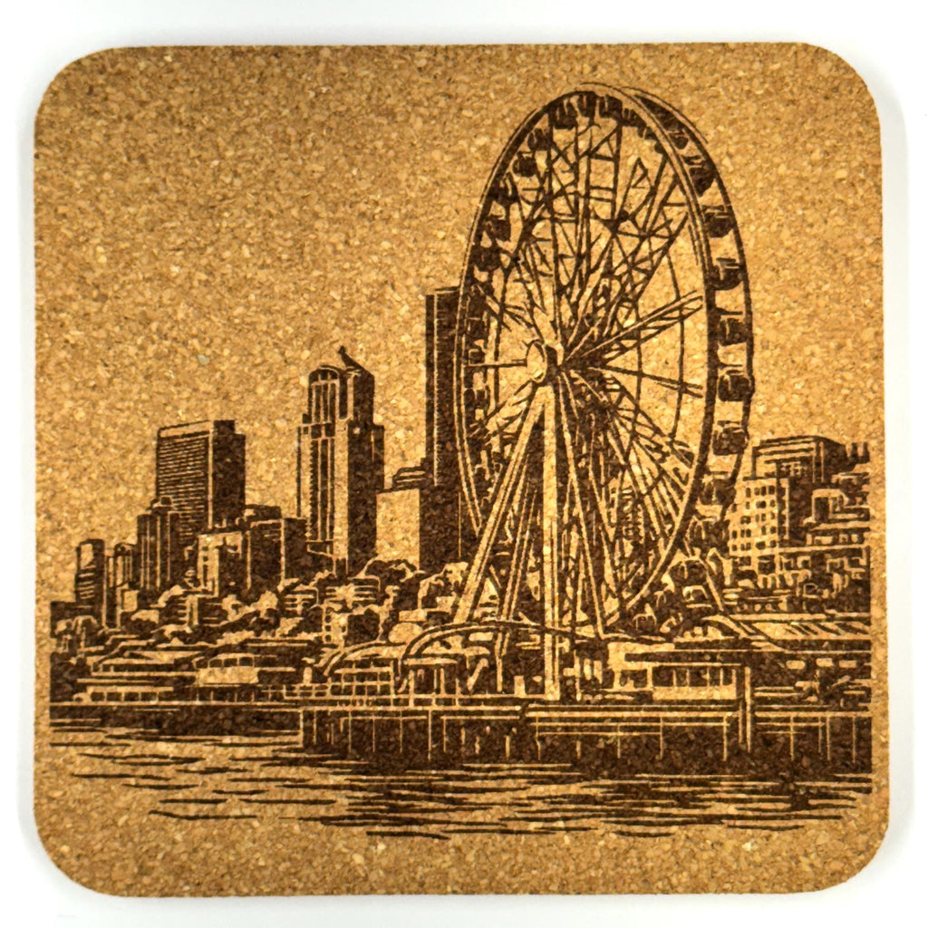 Seattle Landmark Cork Coasters Featuring Iconic City Scenes - Set of 4 Laser Engraved