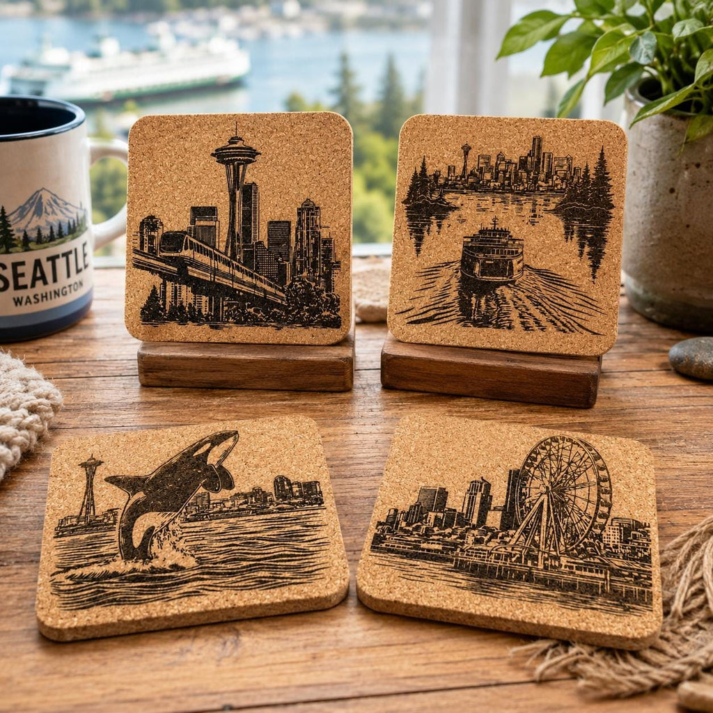 Seattle Landmark Cork Coasters Featuring Iconic City Scenes - Set of 4 Laser Engraved