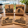 Seattle Landmark Cork Coasters Featuring Iconic City Scenes - Set of 4 Laser Engraved