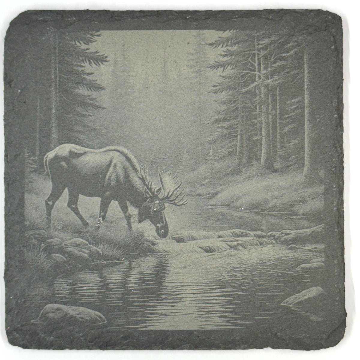 Moose Slate Coaster Set, 4 Pack of Rustic Wildlife Engraved Stone Coasters
