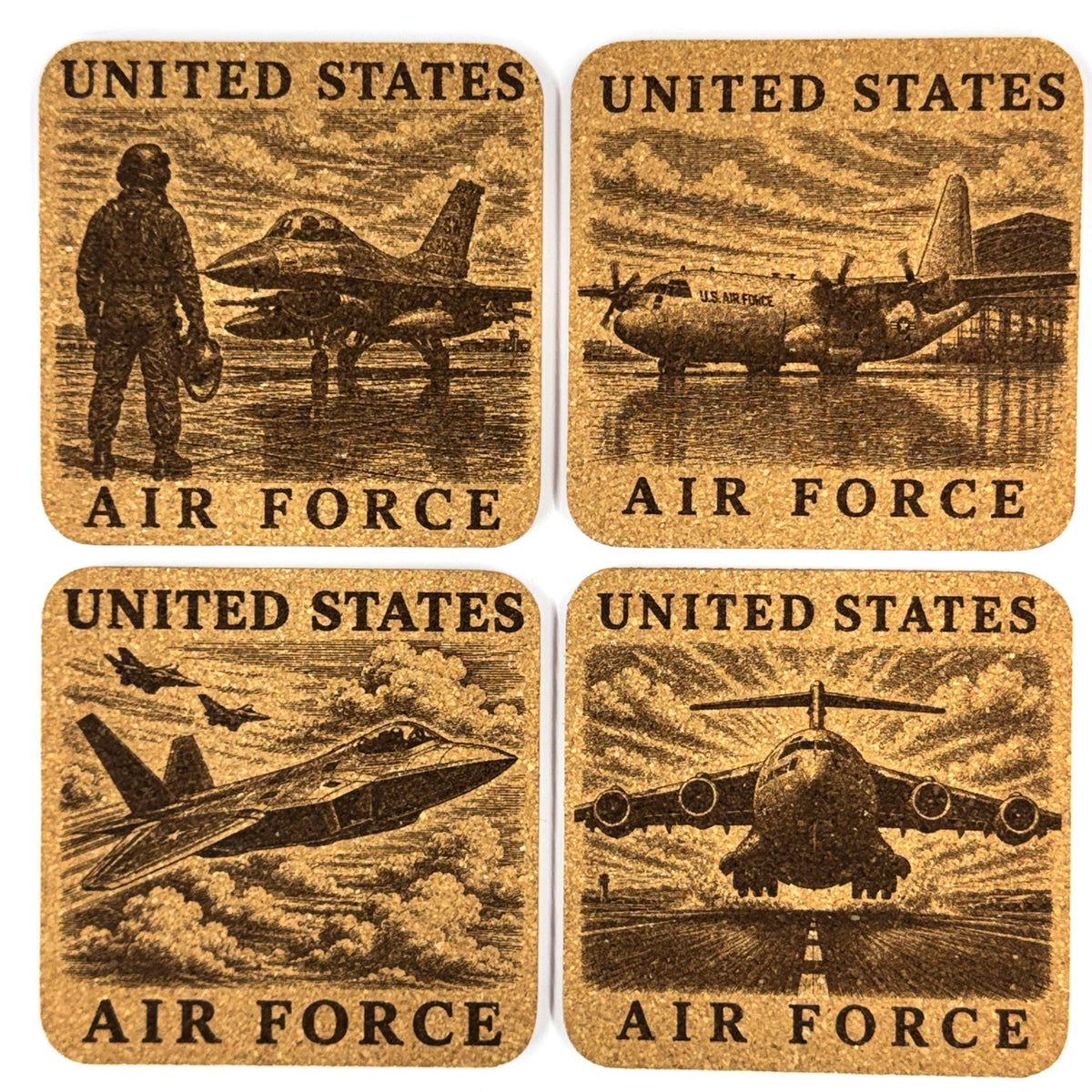 United States Air Force Cork Coaster Set, 4 Pack of Military Tribute Engraved Coasters