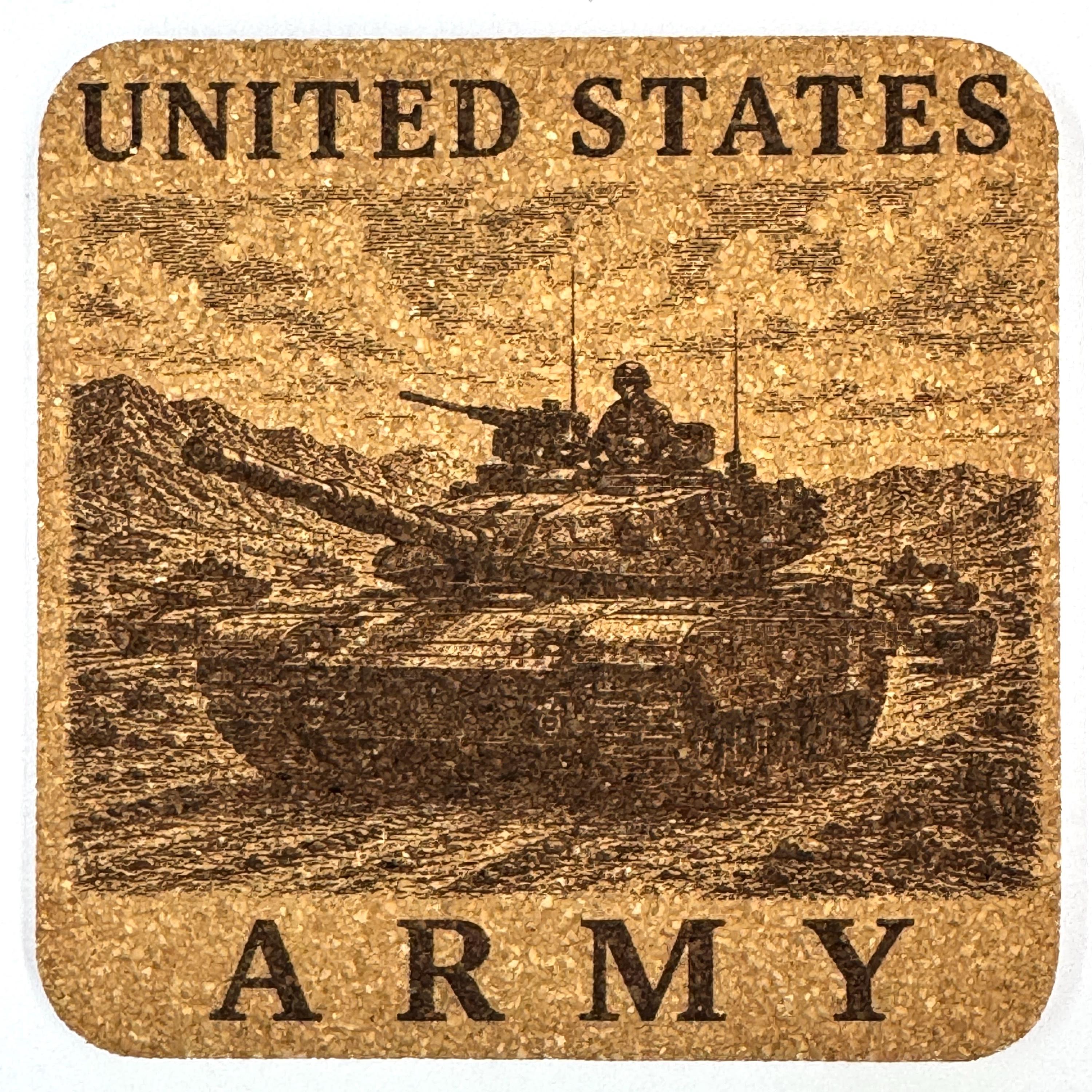 United States Army Cork Coaster Set, 4 Pack of Military Tribute Engraved Coasters