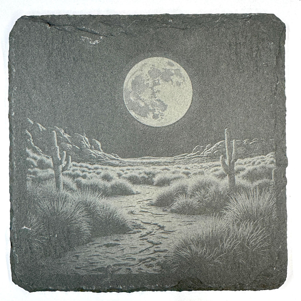 Southwestern Desert Slate Coaster Set, Engraved Saguaro Moon and Canyon Drink Coasters