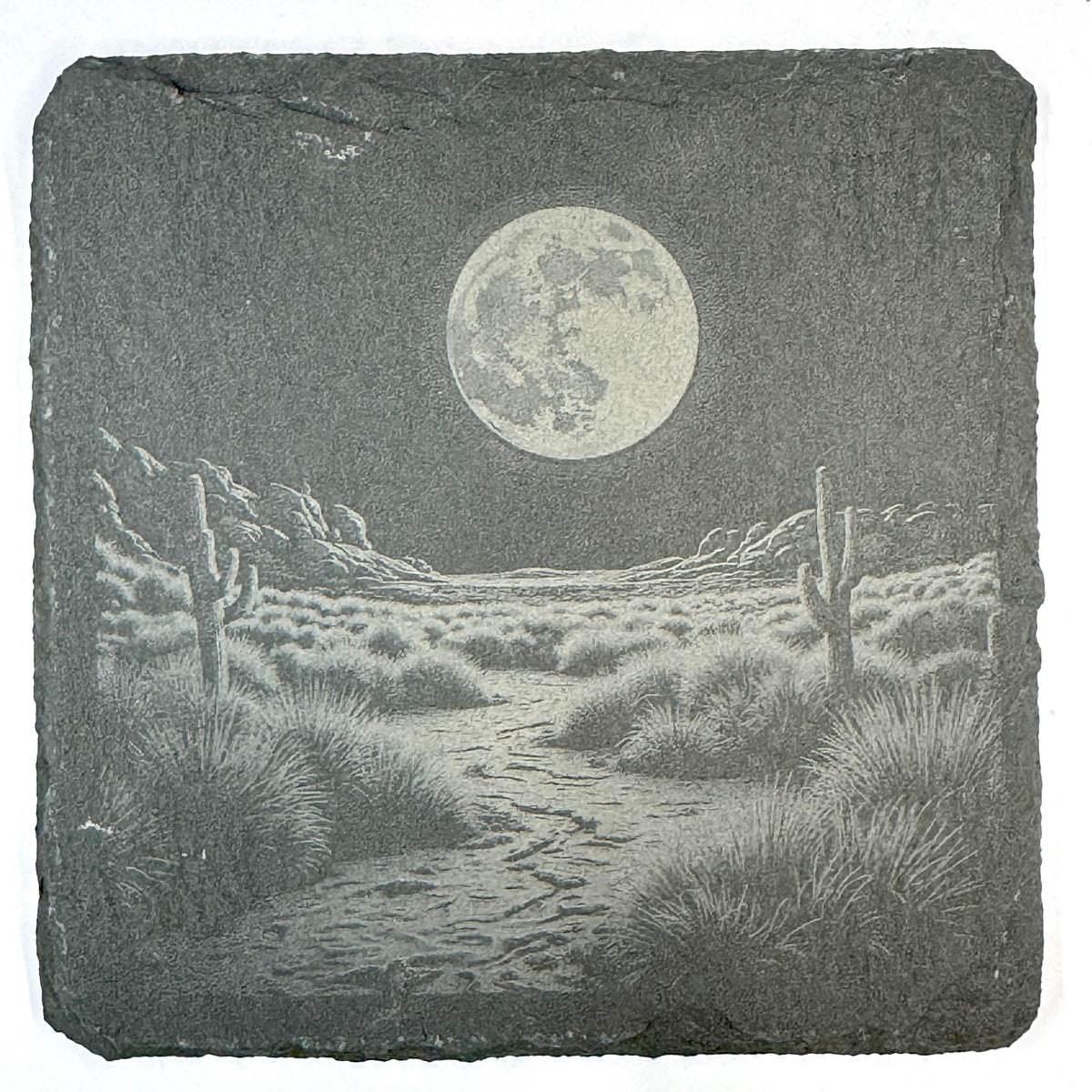 Southwestern Desert Slate Coaster Set, Engraved Saguaro Moon and Canyon Drink Coasters