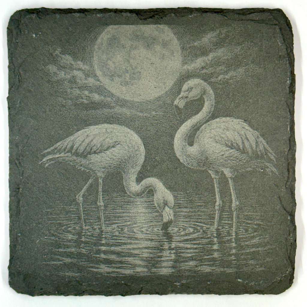 Moonlit Flamingo Slate Coaster Set, Tropical Bird Drink Coasters