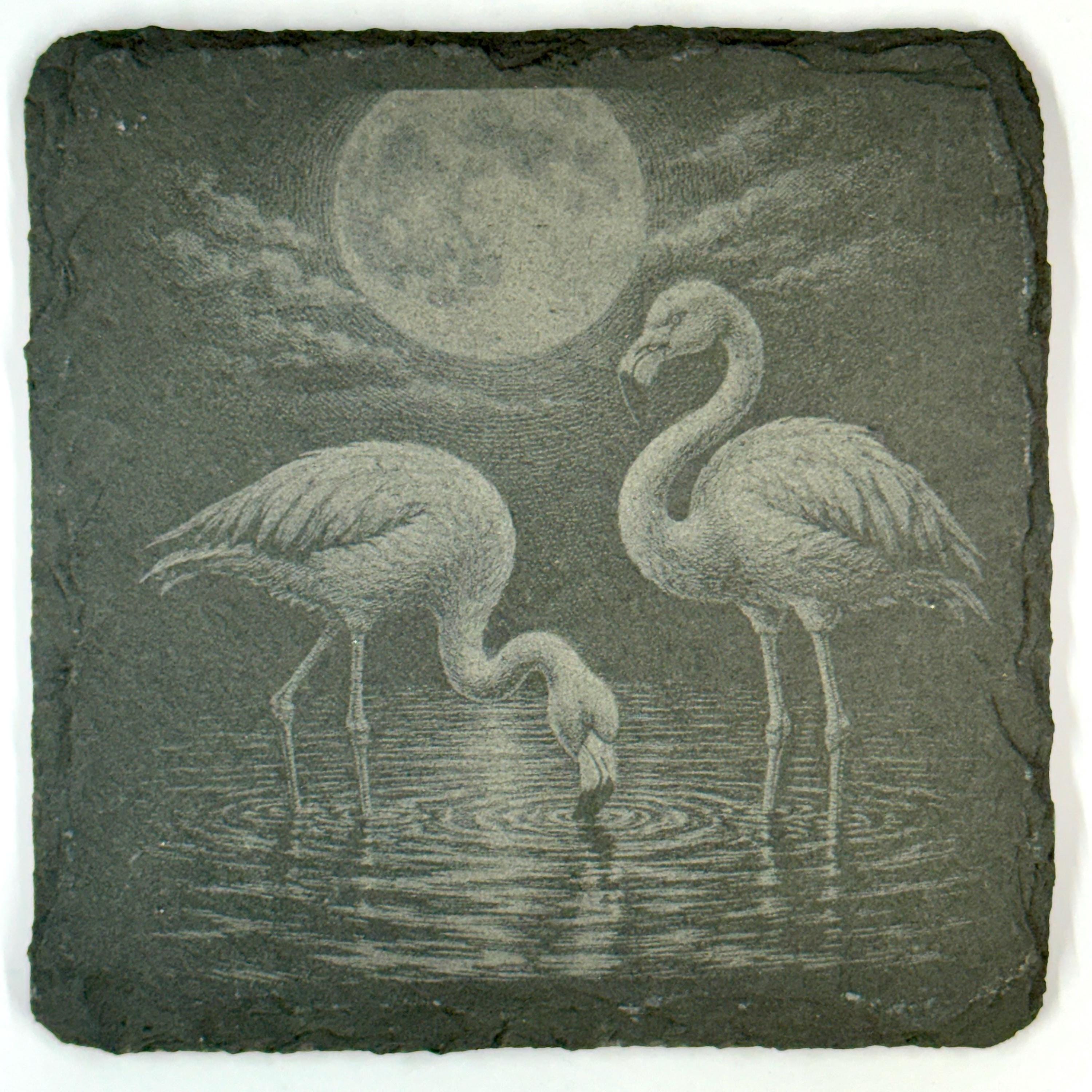Moonlit Flamingo Slate Coaster Set, Tropical Bird Drink Coasters