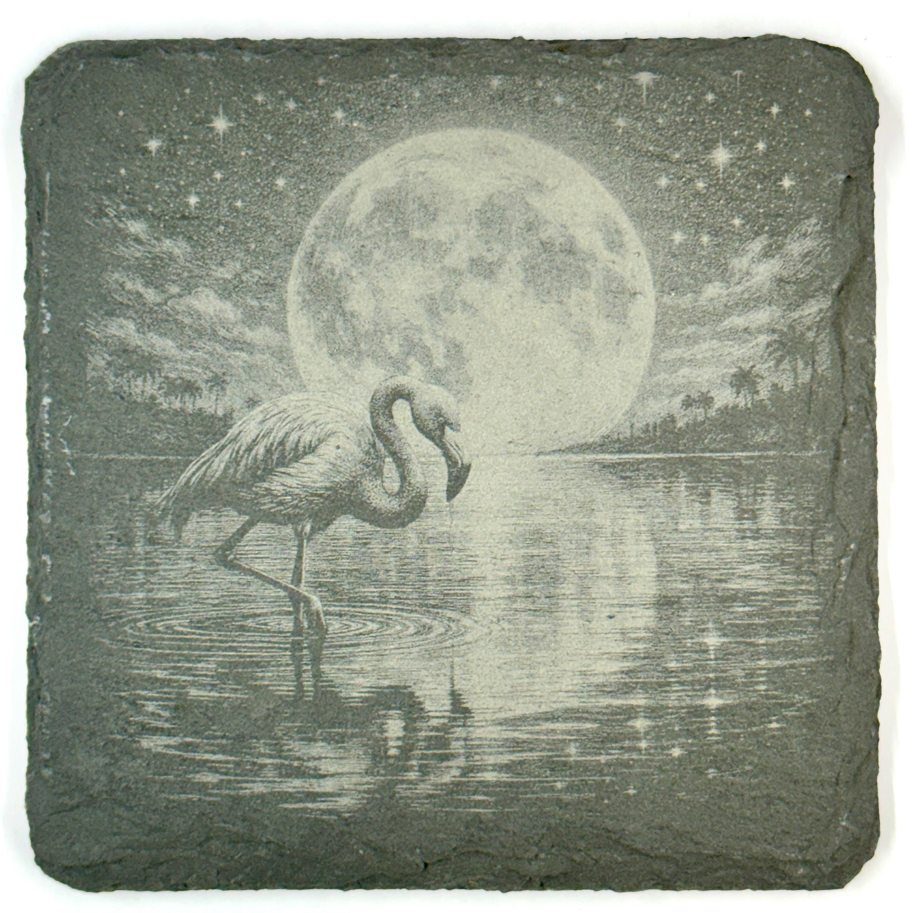 Moonlit Flamingo Slate Coaster Set, Tropical Bird Drink Coasters
