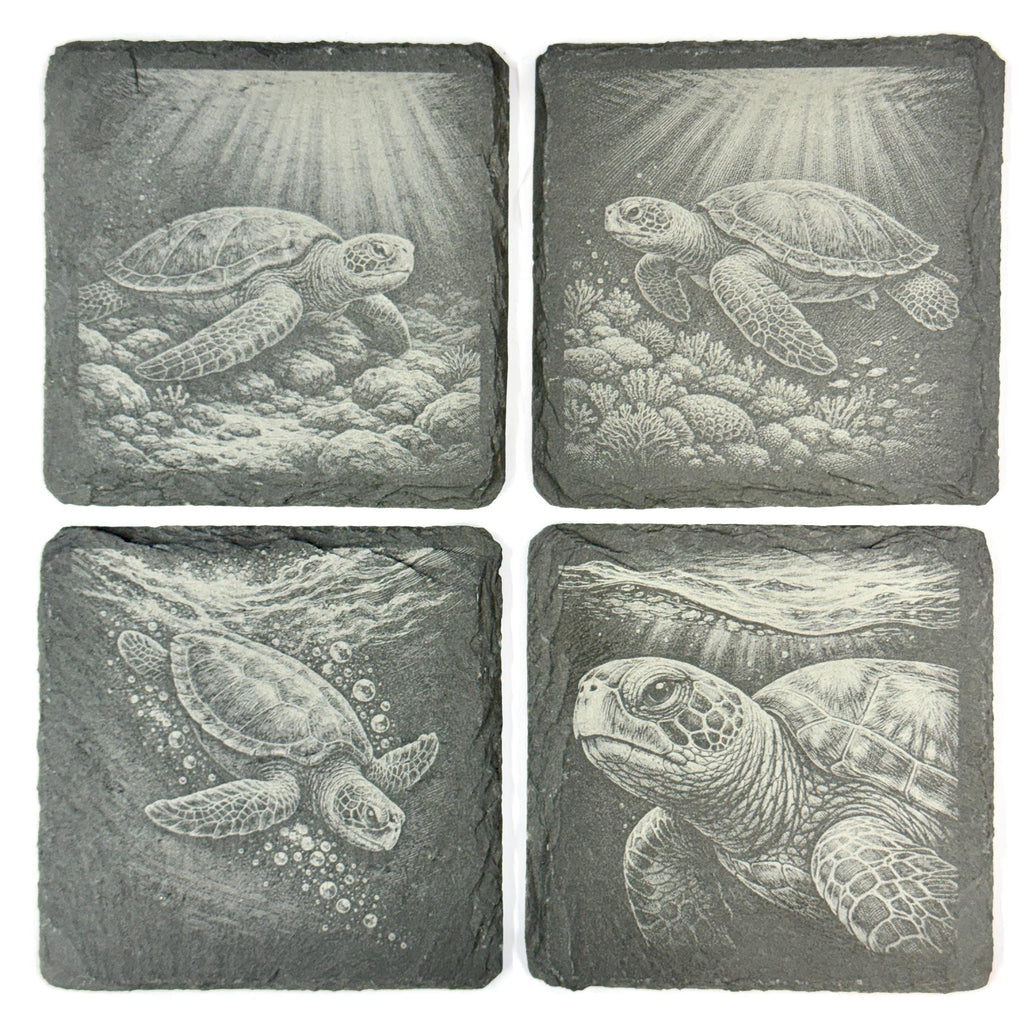 Sea Turtle Slate Coaster Set, Engraved Ocean Wildlife Drink Coasters