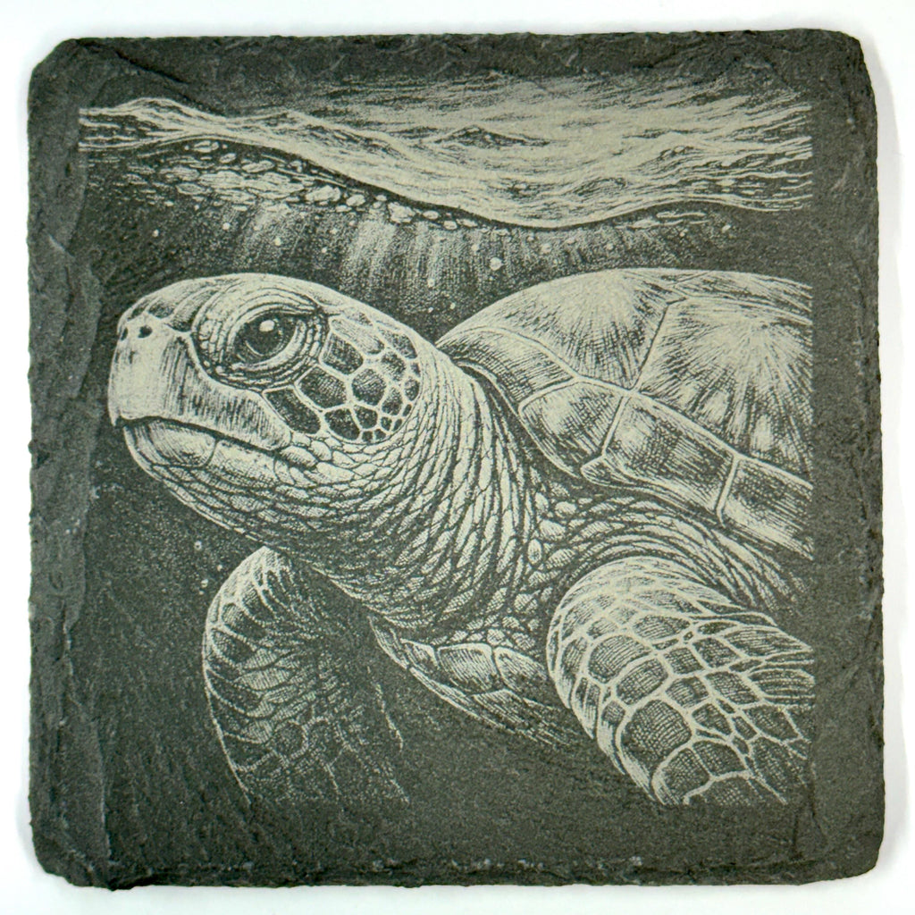 Sea Turtle Slate Coaster Set, Engraved Ocean Wildlife Drink Coasters