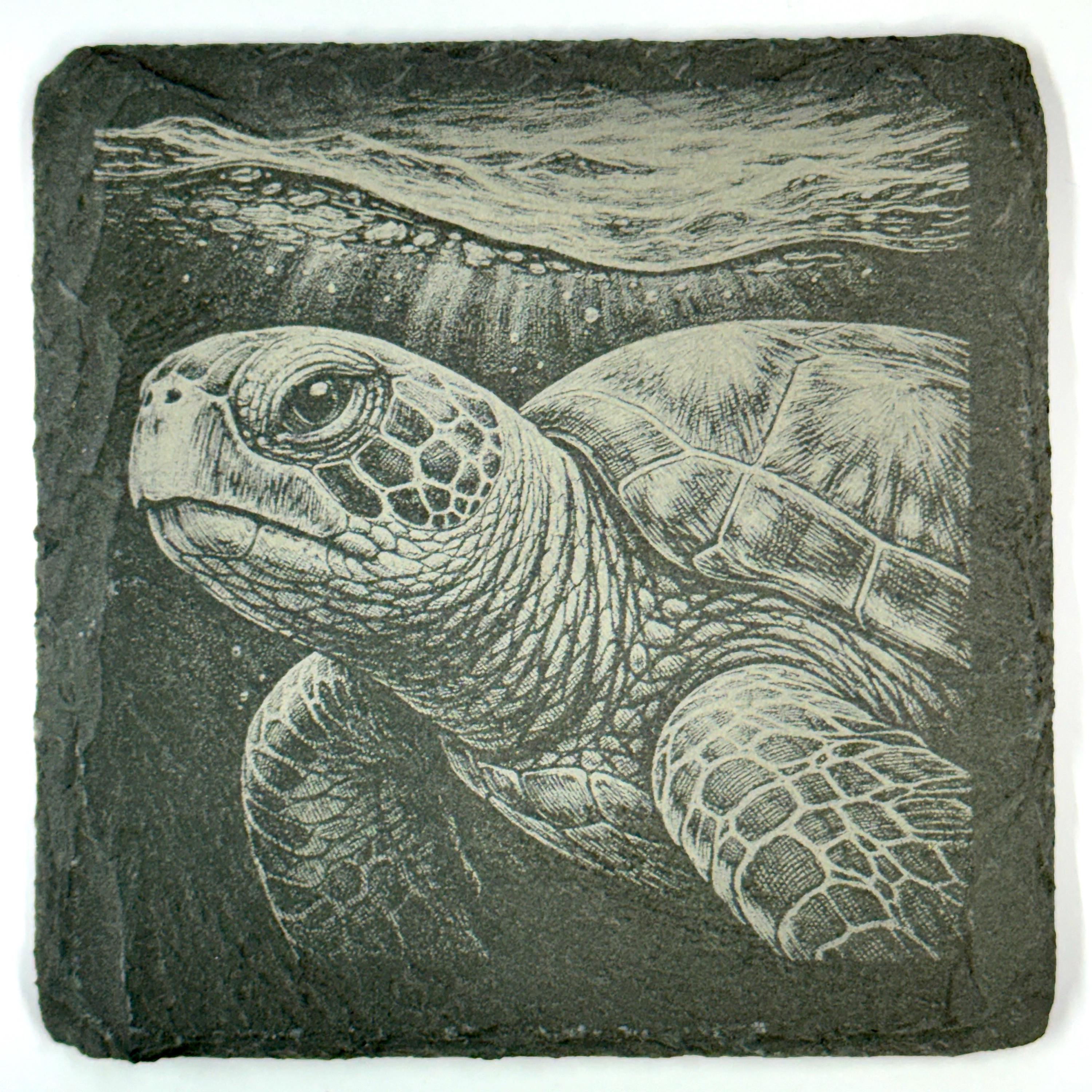 Sea Turtle Slate Coaster Set, Engraved Ocean Wildlife Drink Coasters