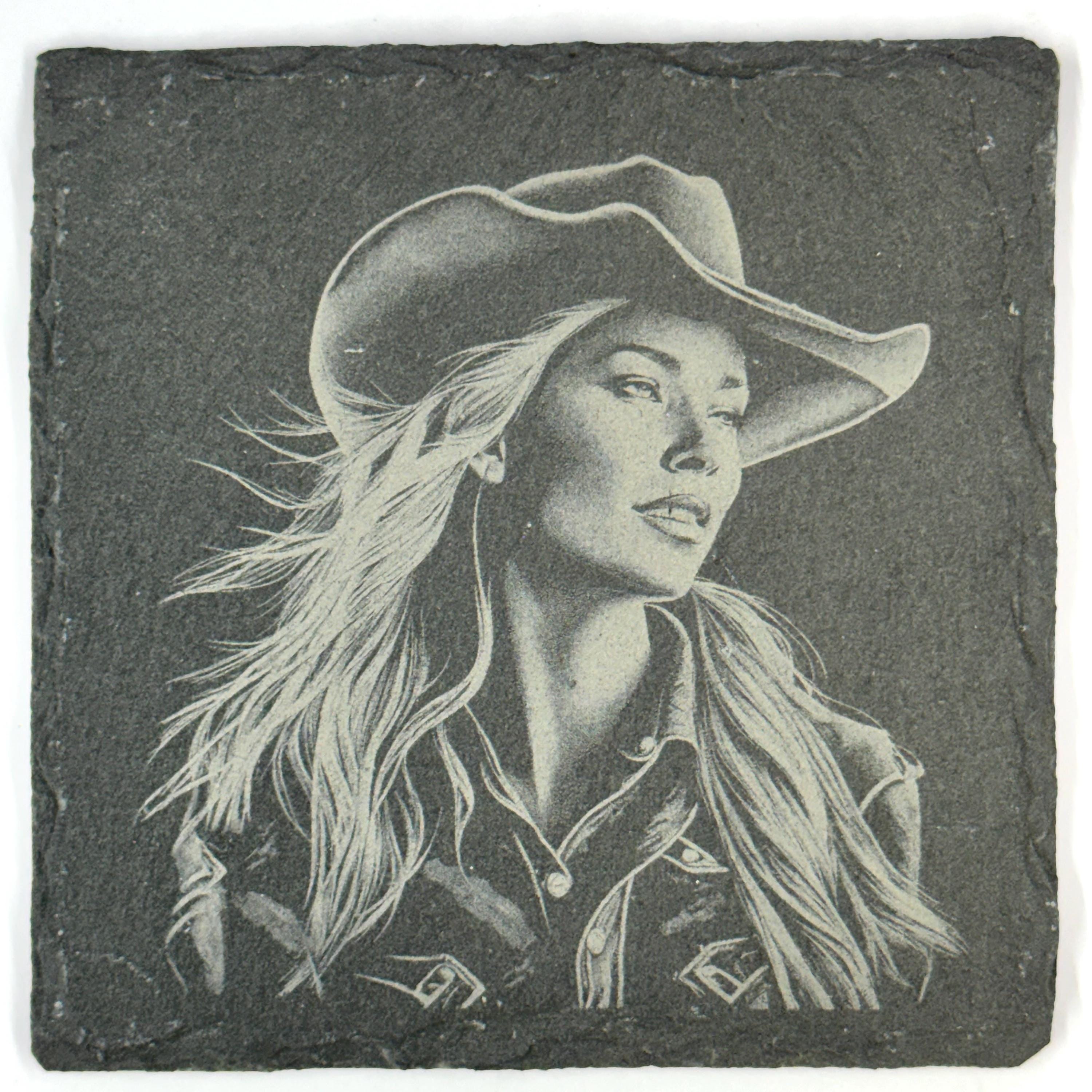 Cowgirl and Horse, Western Style Set of 4 Laser Engraved Coasters
