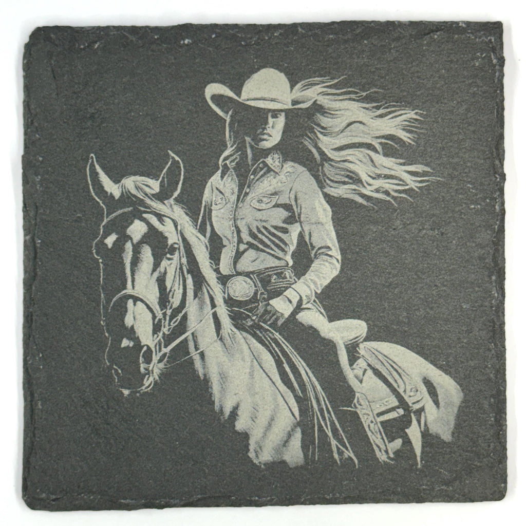 Cowgirl and Horse, Western Style Set of 4 Laser Engraved Coasters