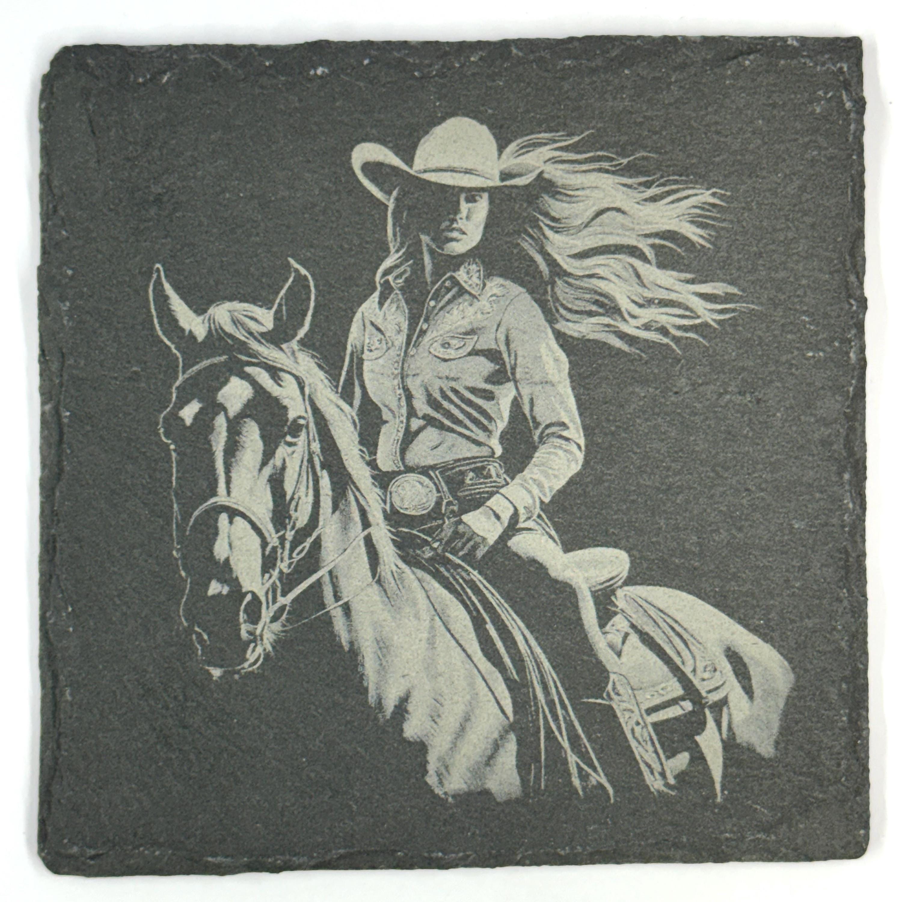 Cowgirl and Horse, Western Style Set of 4 Laser Engraved Coasters