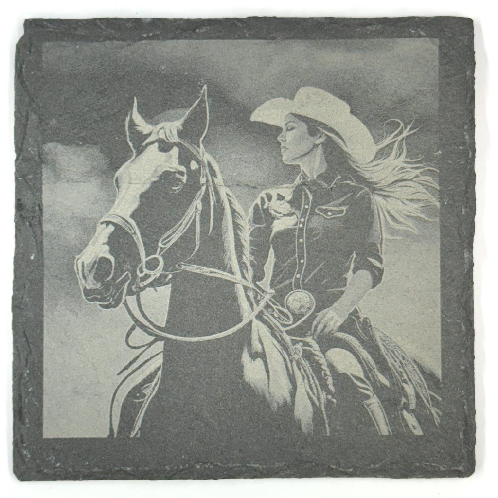 Cowgirl and Horse, Western Style Set of 4 Laser Engraved Coasters
