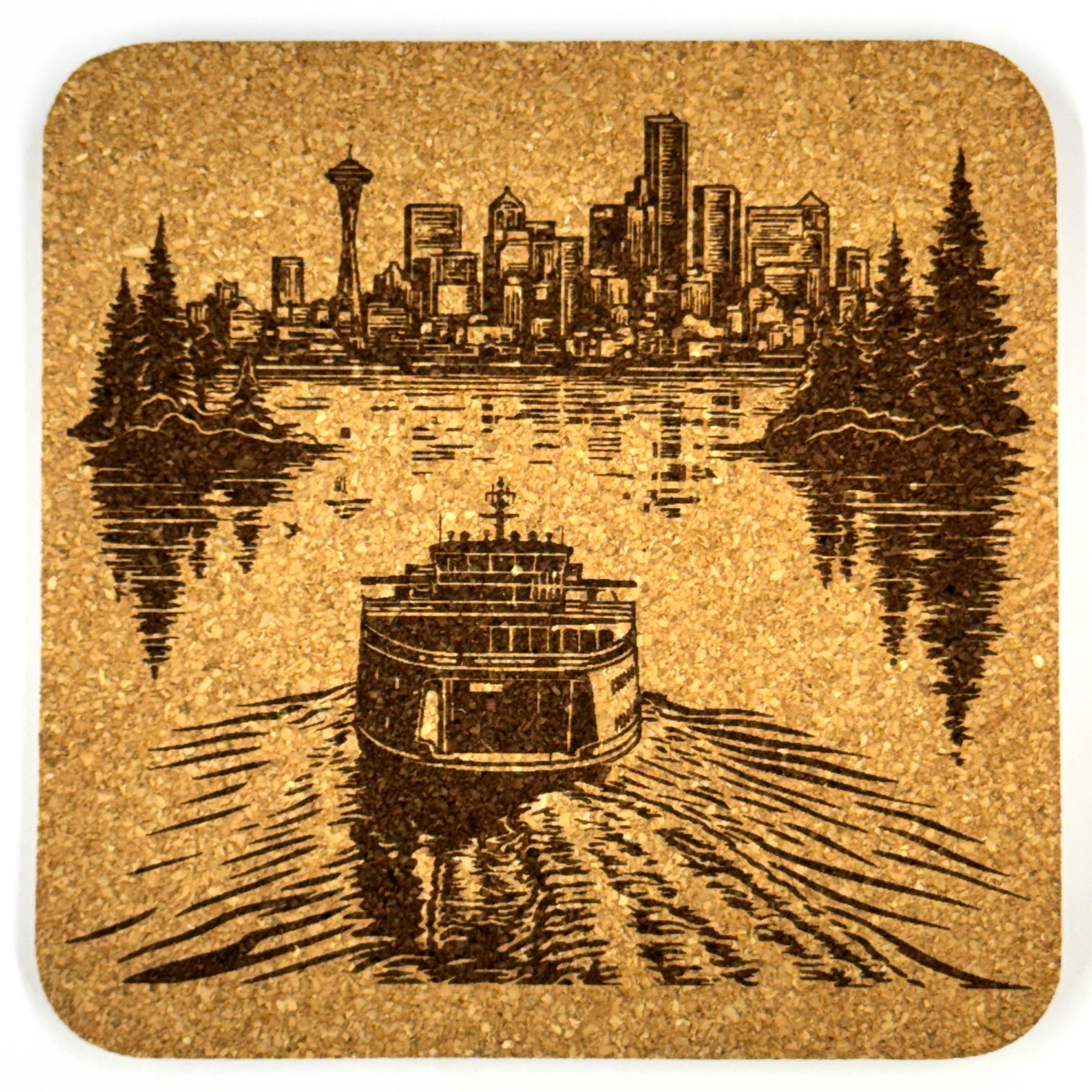 Seattle Landmark Cork Coasters Featuring Iconic City Scenes - Set of 4 Laser Engraved