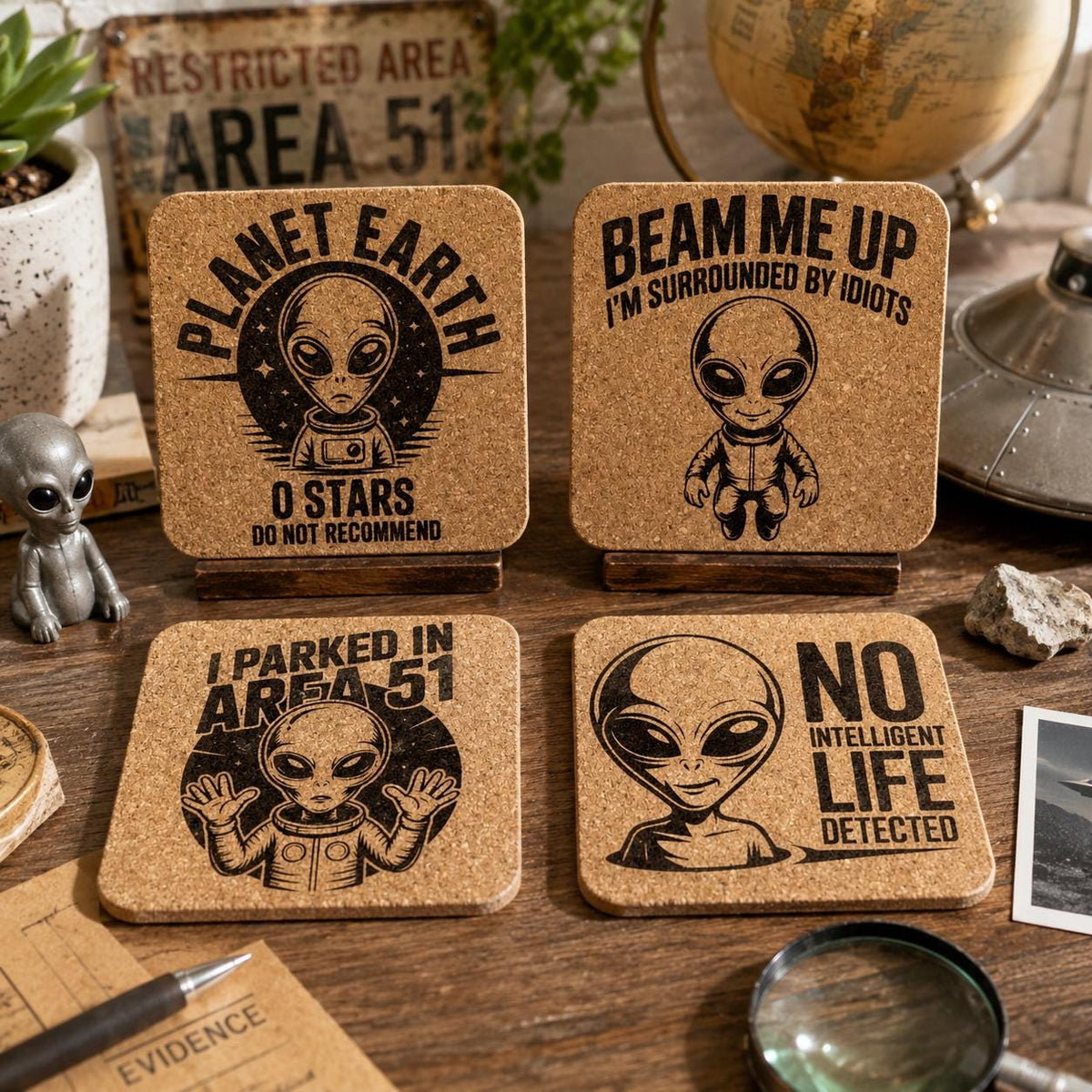 Funny Alien Cork Coaster Set, UFO Area 51 Sci-Fi Drink Coasters
