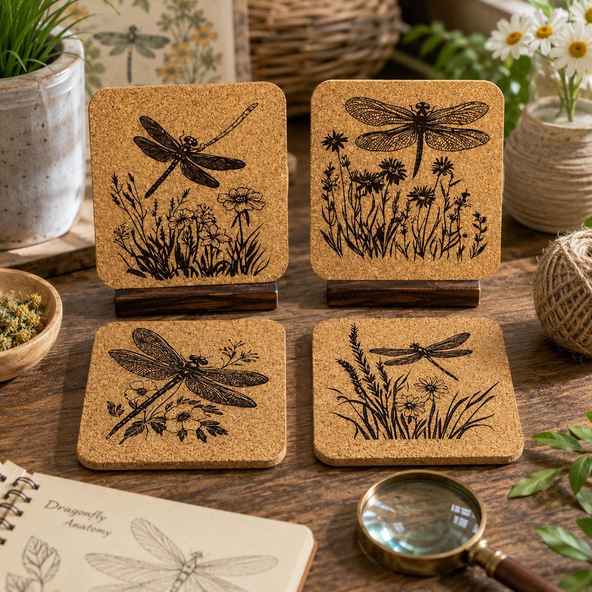 Dragonfly Wildflower Cork Coaster Set, Vintage Meadow Garden Drink Coasters