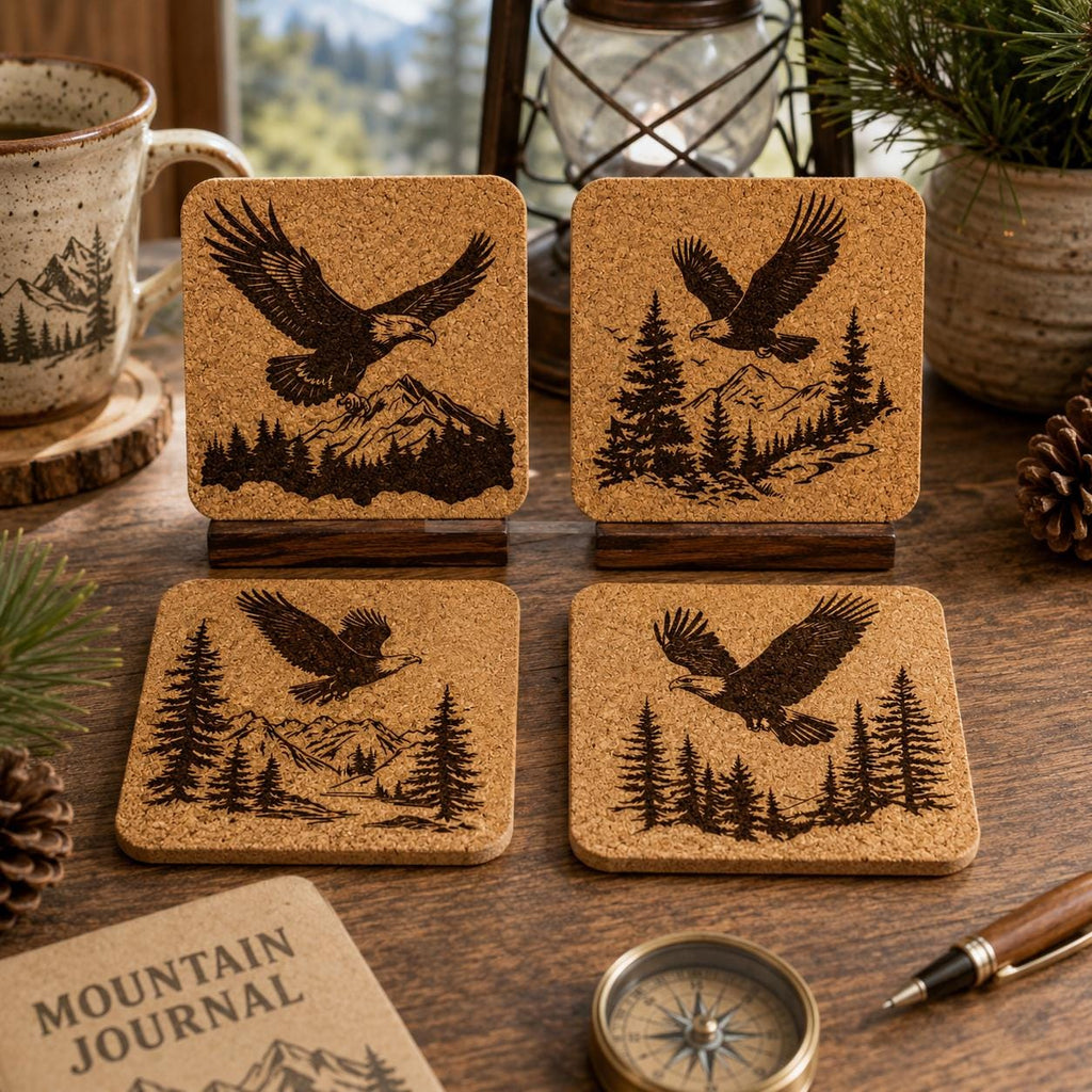 Bald Eagle Cork Coasters, Rustic Mountain Forest Cabin Wildlife Table Decor