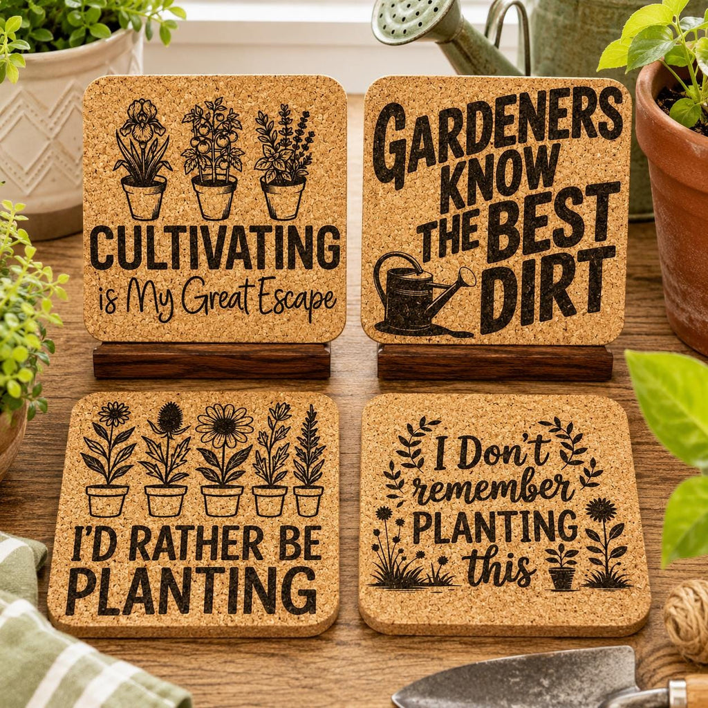 Gardening Cork Coaster Set, Funny Gift for Gardeners and Plant Lovers