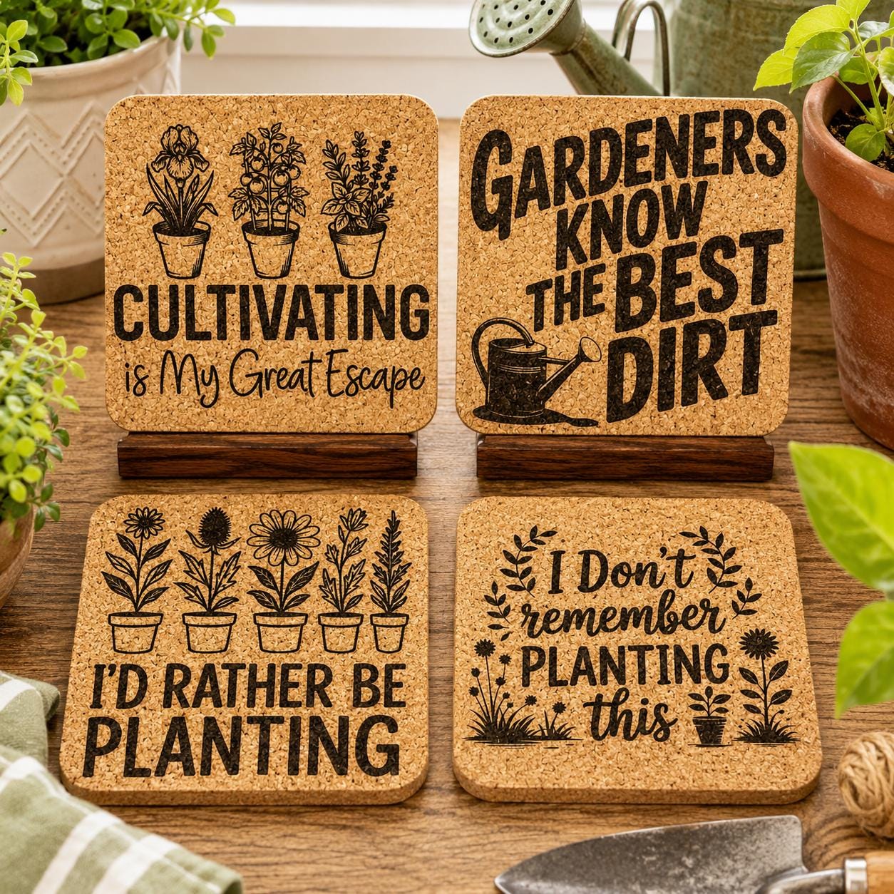 Gardening Cork Coaster Set, Funny Gift for Gardeners and Plant Lovers