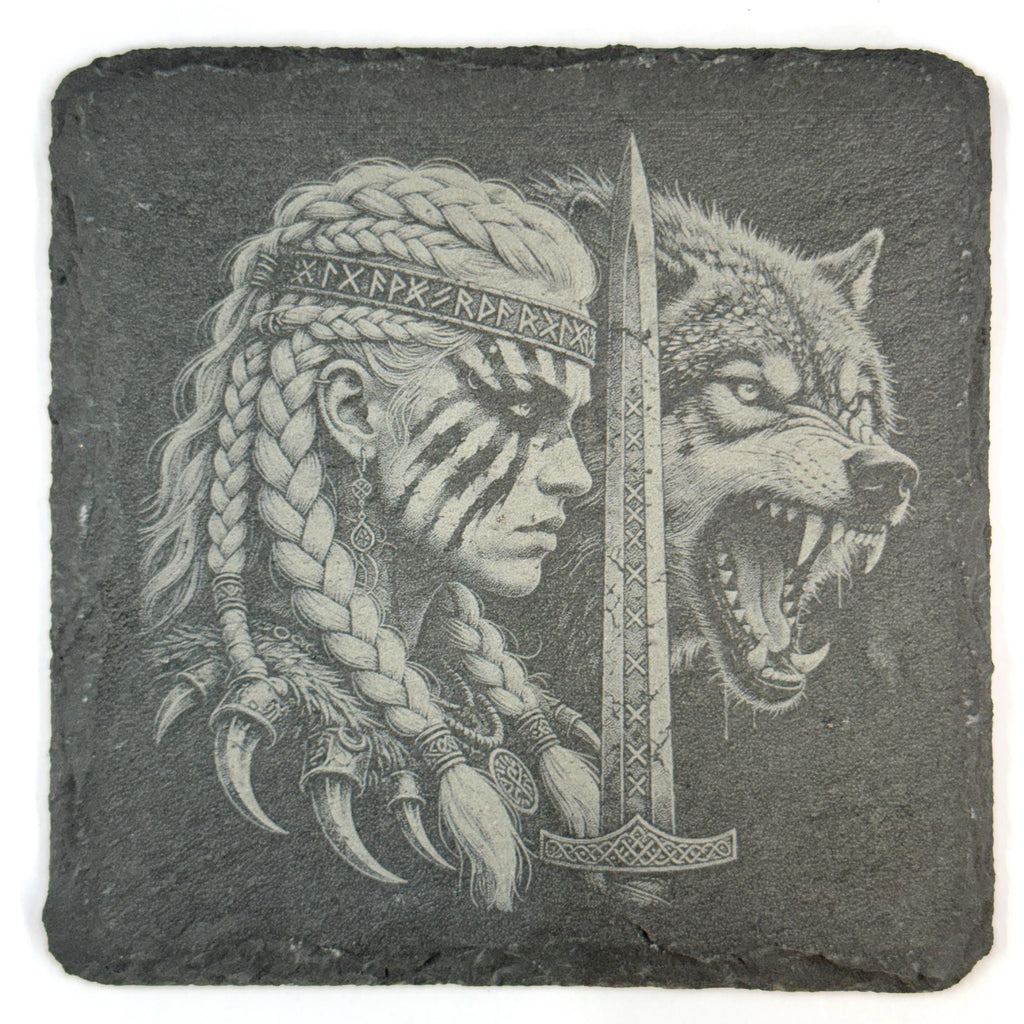 Nordic Warrior Slate Coaster Set, Viking Raven Wolf Art, Laser Engraved Stone Drink Coasters