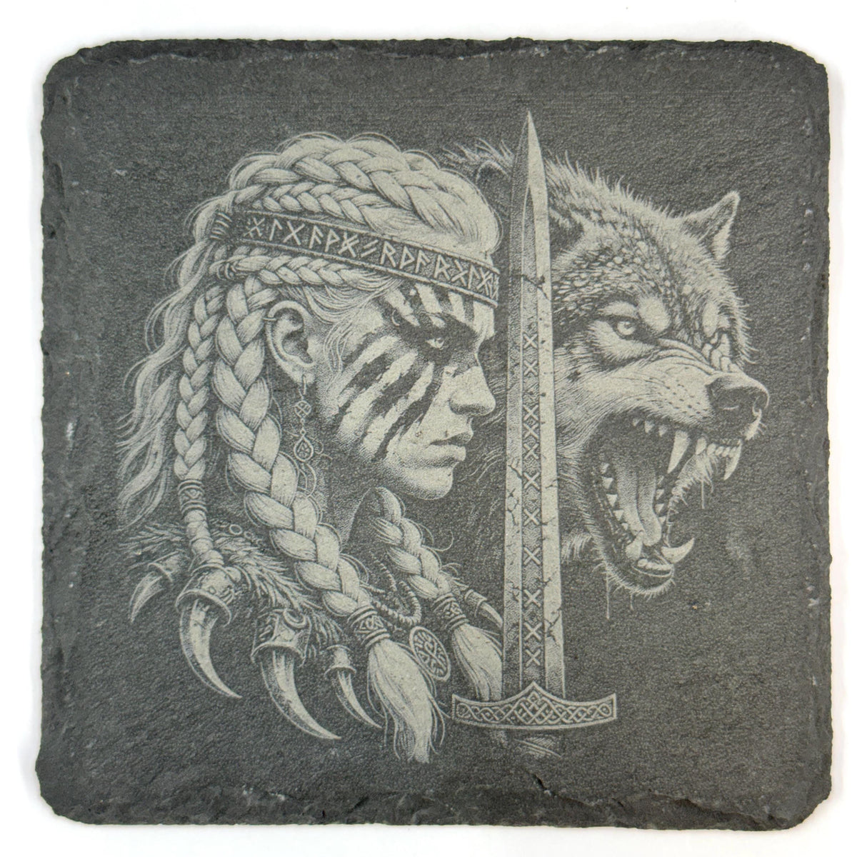 Nordic Warrior Slate Coaster Set, Viking Raven Wolf Art, Laser Engraved Stone Drink Coasters