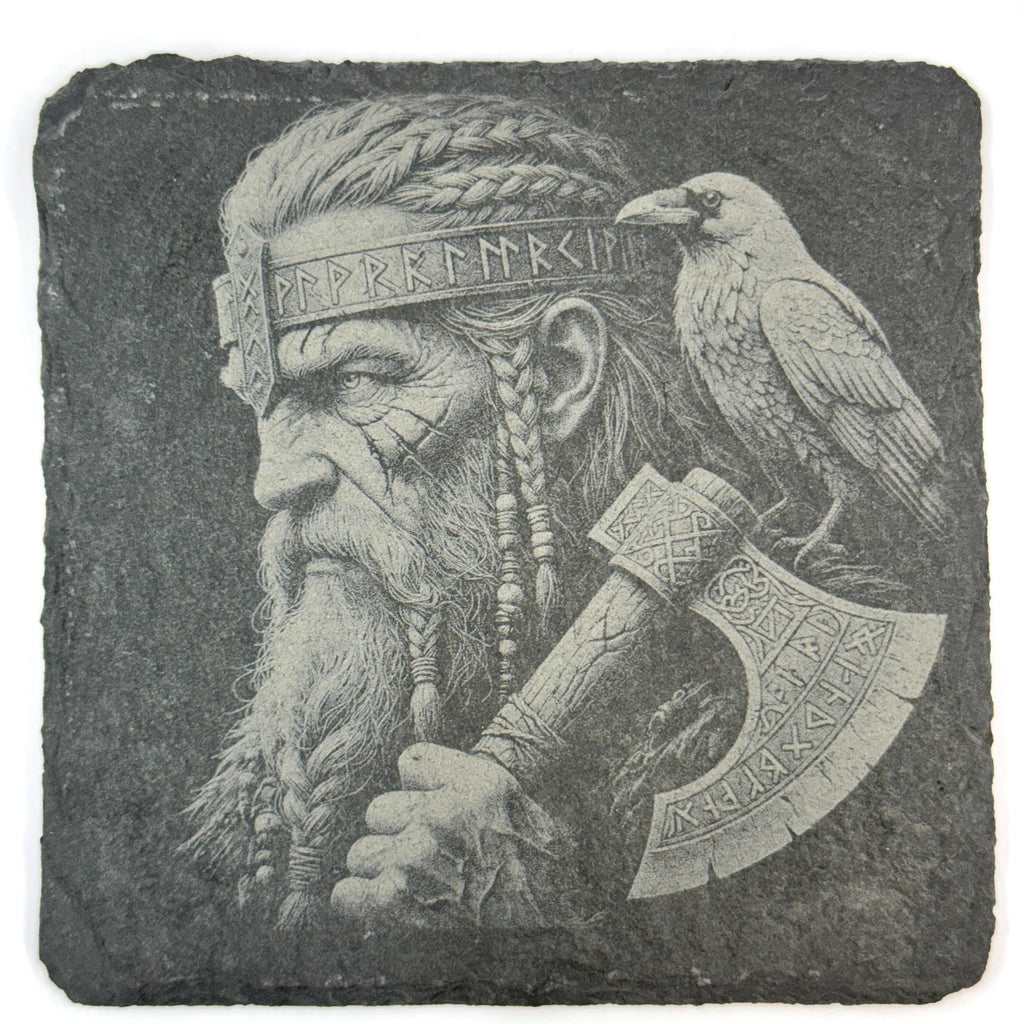Nordic Warrior Slate Coaster Set, Viking Raven Wolf Art, Laser Engraved Stone Drink Coasters