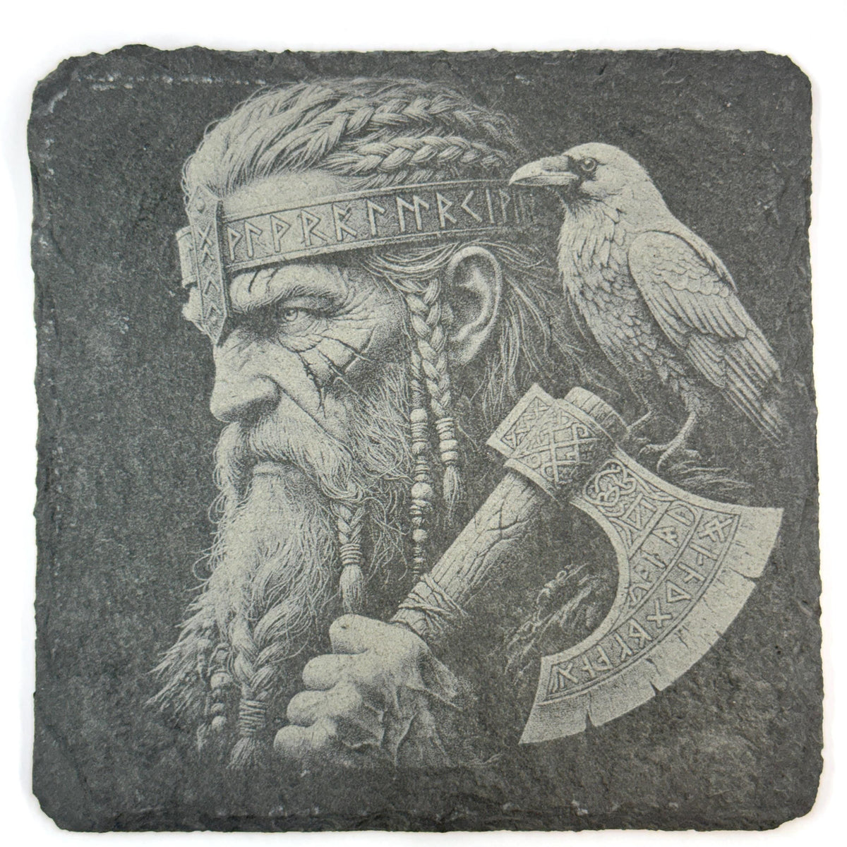 Nordic Warrior Slate Coaster Set, Viking Raven Wolf Art, Laser Engraved Stone Drink Coasters