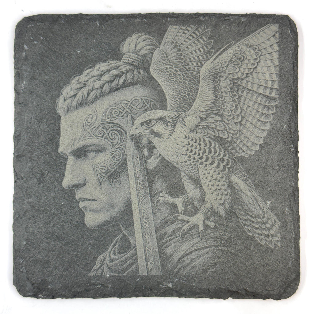 Nordic Warrior Slate Coaster Set, Viking Raven Wolf Art, Laser Engraved Stone Drink Coasters