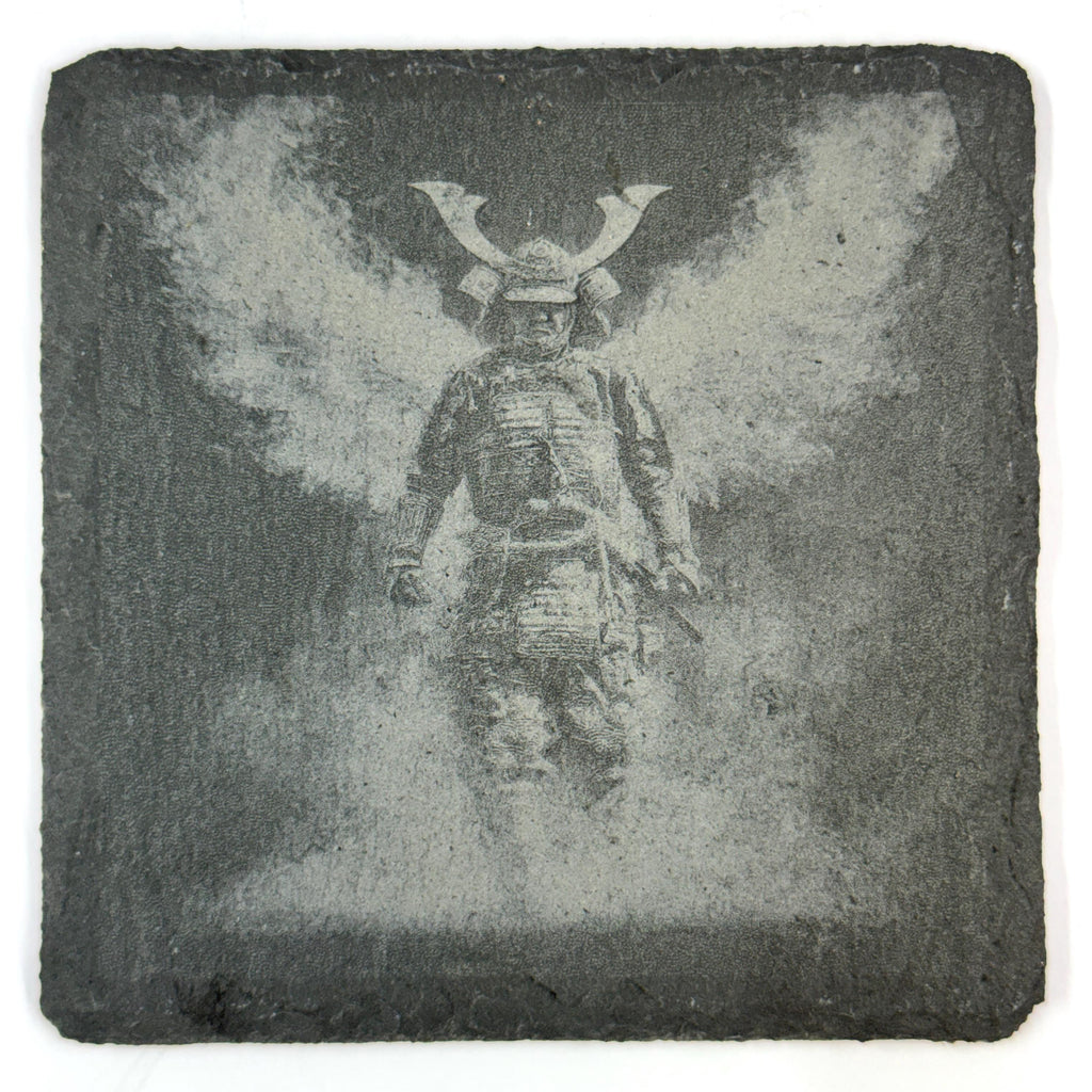 Samurai Warrior Slate Coaster Set, Japanese Warrior Art, Laser Engraved Stone Drink Coasters