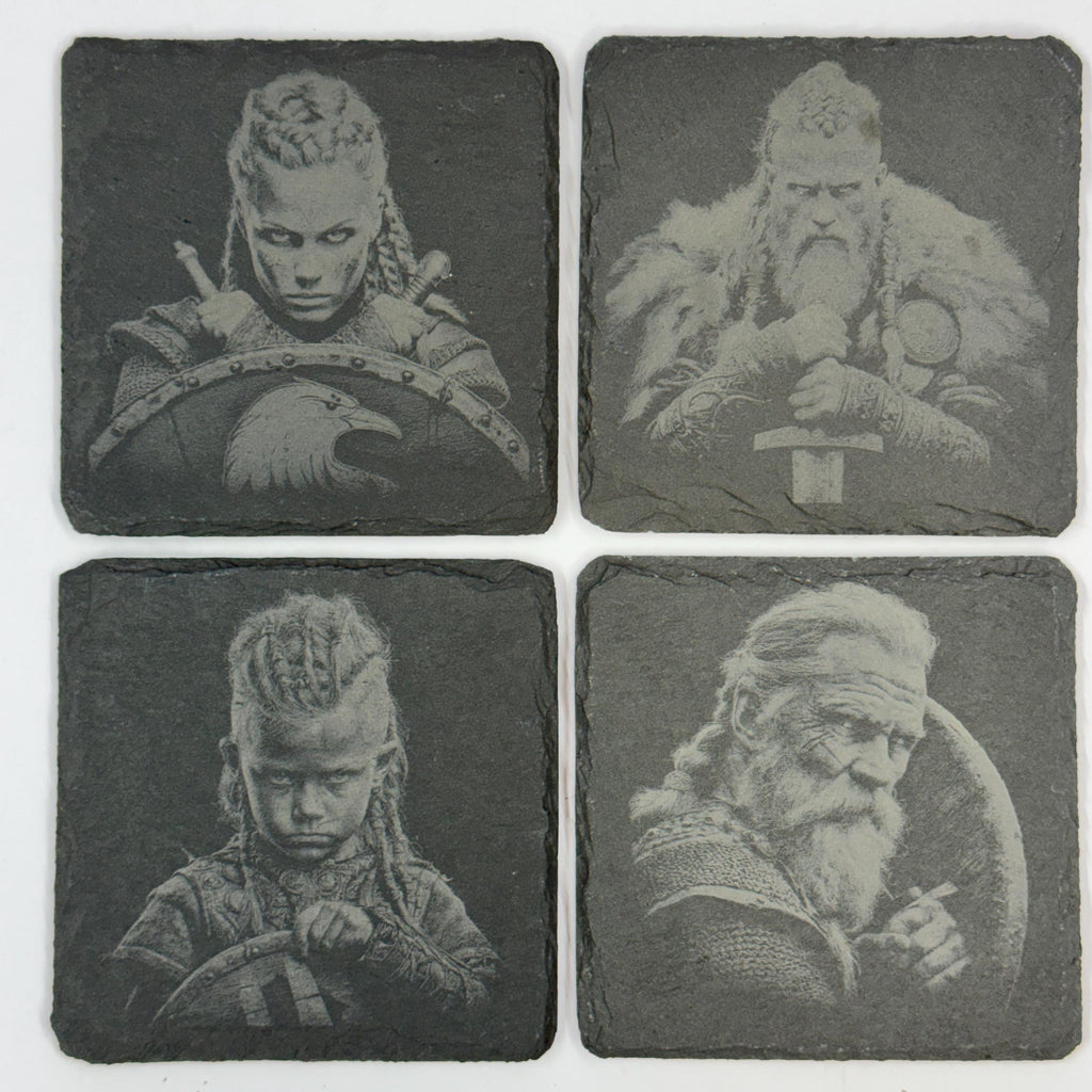 Viking Family Slate Coaster Set, Nordic Warrior Generations, Laser Engraved Stone Drink Coasters
