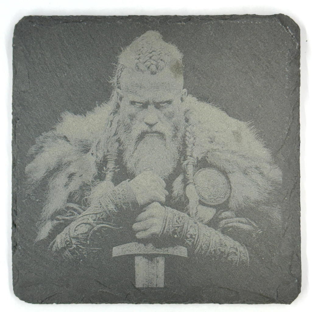 Viking Family Slate Coaster Set, Nordic Warrior Generations, Laser Engraved Stone Drink Coasters