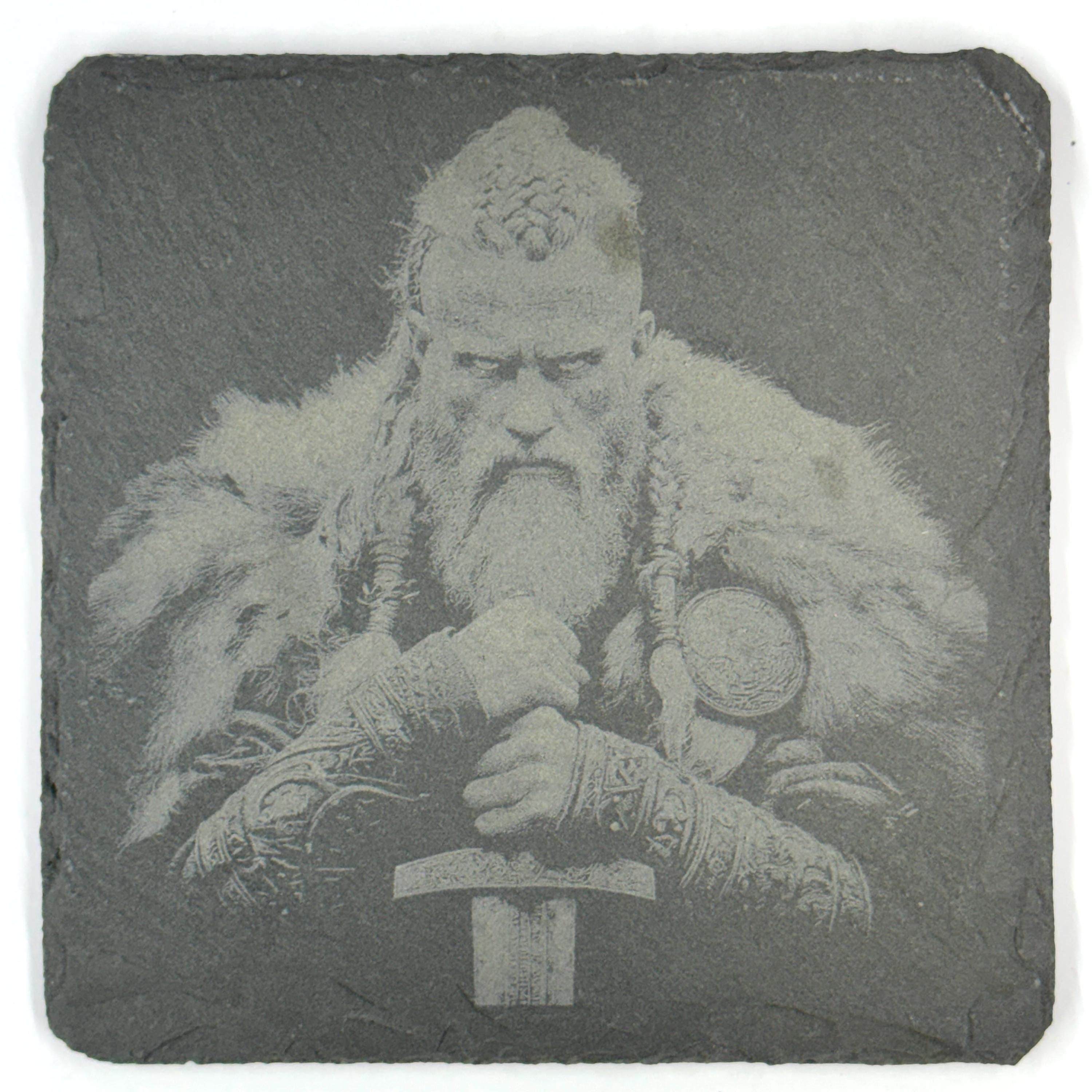 Viking Family Slate Coaster Set, Nordic Warrior Generations, Laser Engraved Stone Drink Coasters