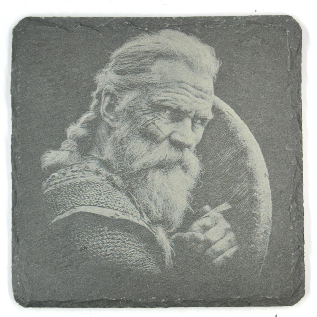 Viking Family Slate Coaster Set, Nordic Warrior Generations, Laser Engraved Stone Drink Coasters