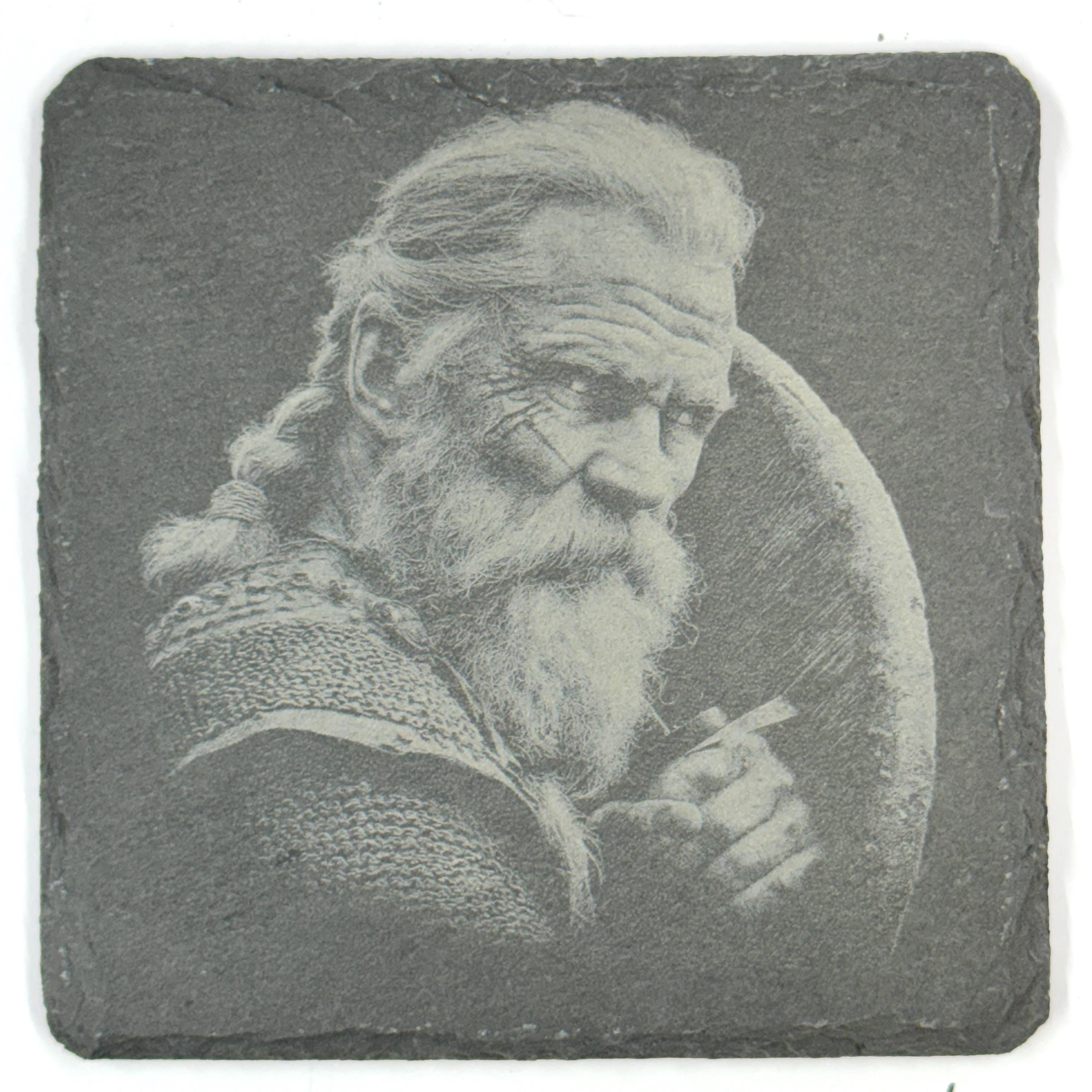 Viking Family Slate Coaster Set, Nordic Warrior Generations, Laser Engraved Stone Drink Coasters