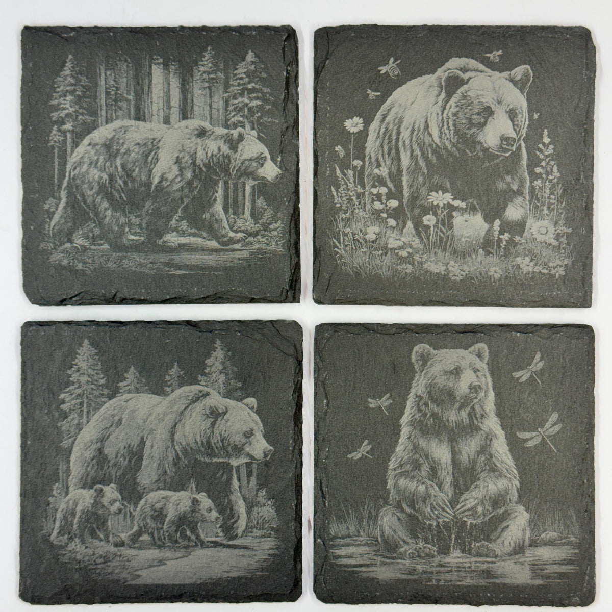 Grizzly Bear Set of 4 Laser Engraved Bear Rustic Wildlife Cabin Decor Drink Coasters