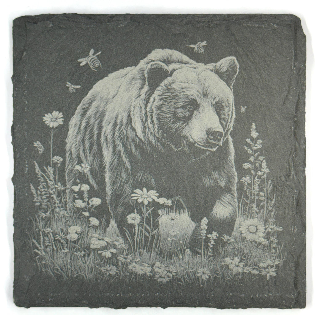 Grizzly Bear Set of 4 Laser Engraved Bear Rustic Wildlife Cabin Decor Drink Coasters