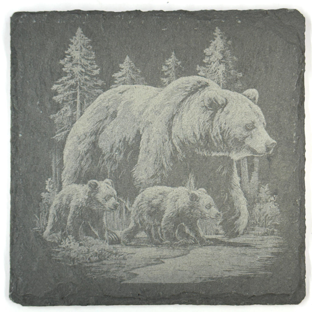 Grizzly Bear Set of 4 Laser Engraved Bear Rustic Wildlife Cabin Decor Drink Coasters