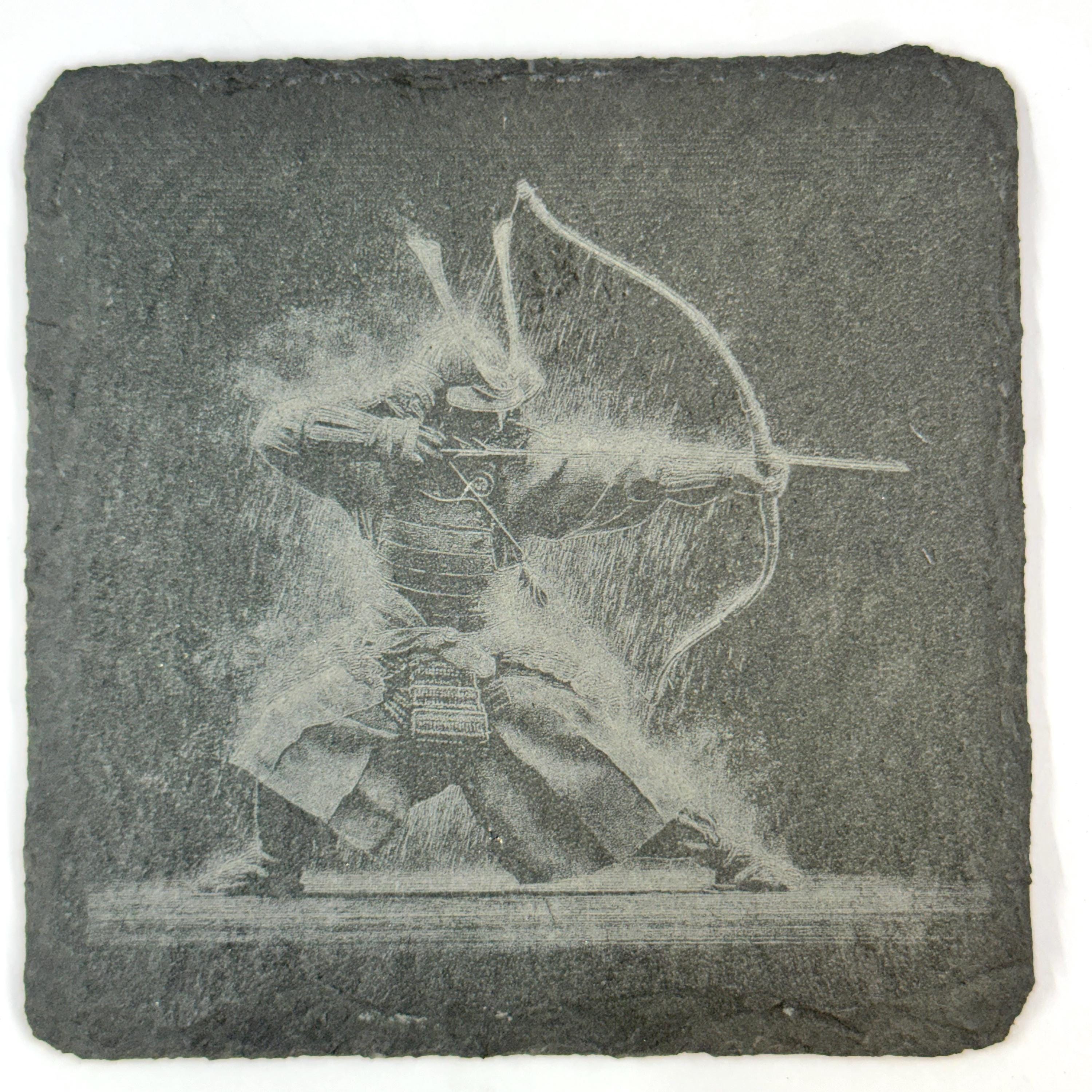 Samurai Warrior Slate Coaster Set, Japanese Warrior Art, Laser Engraved Stone Drink Coasters
