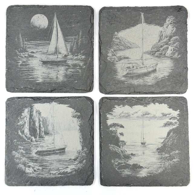 Sailboat Slate Coaster Set of 4, Laser Engraved Nautical Drinkware Gift
