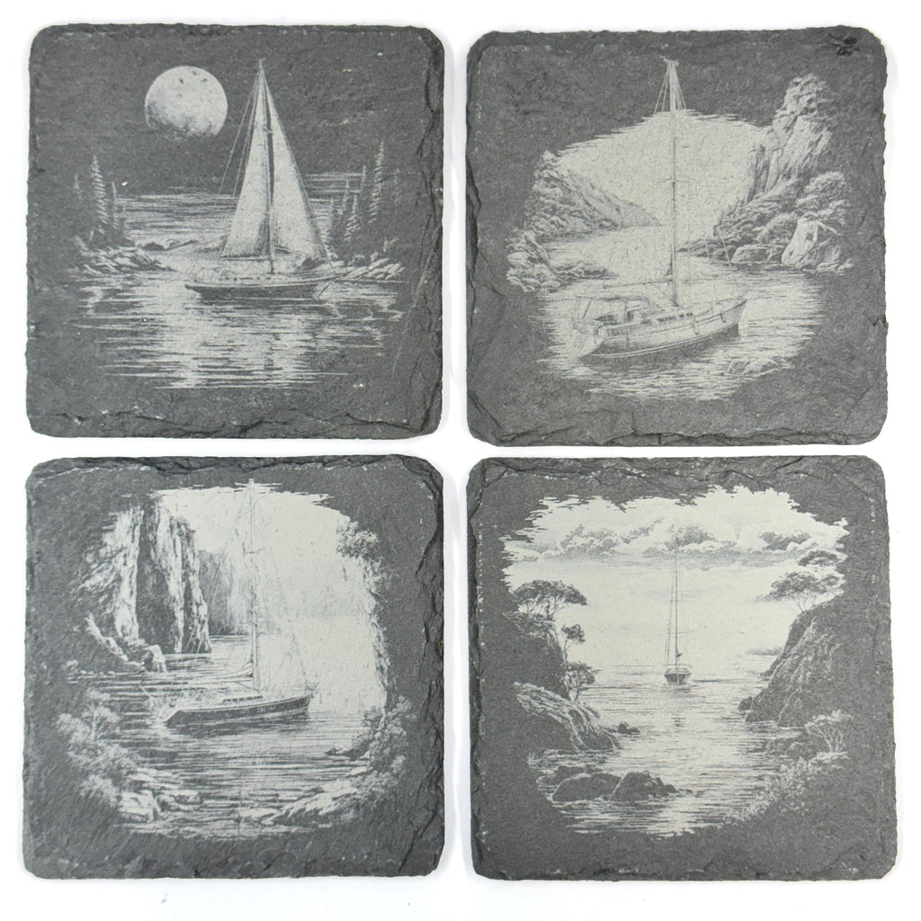 Sailboat Slate Coaster Set of 4, Laser Engraved Nautical Drinkware Gift