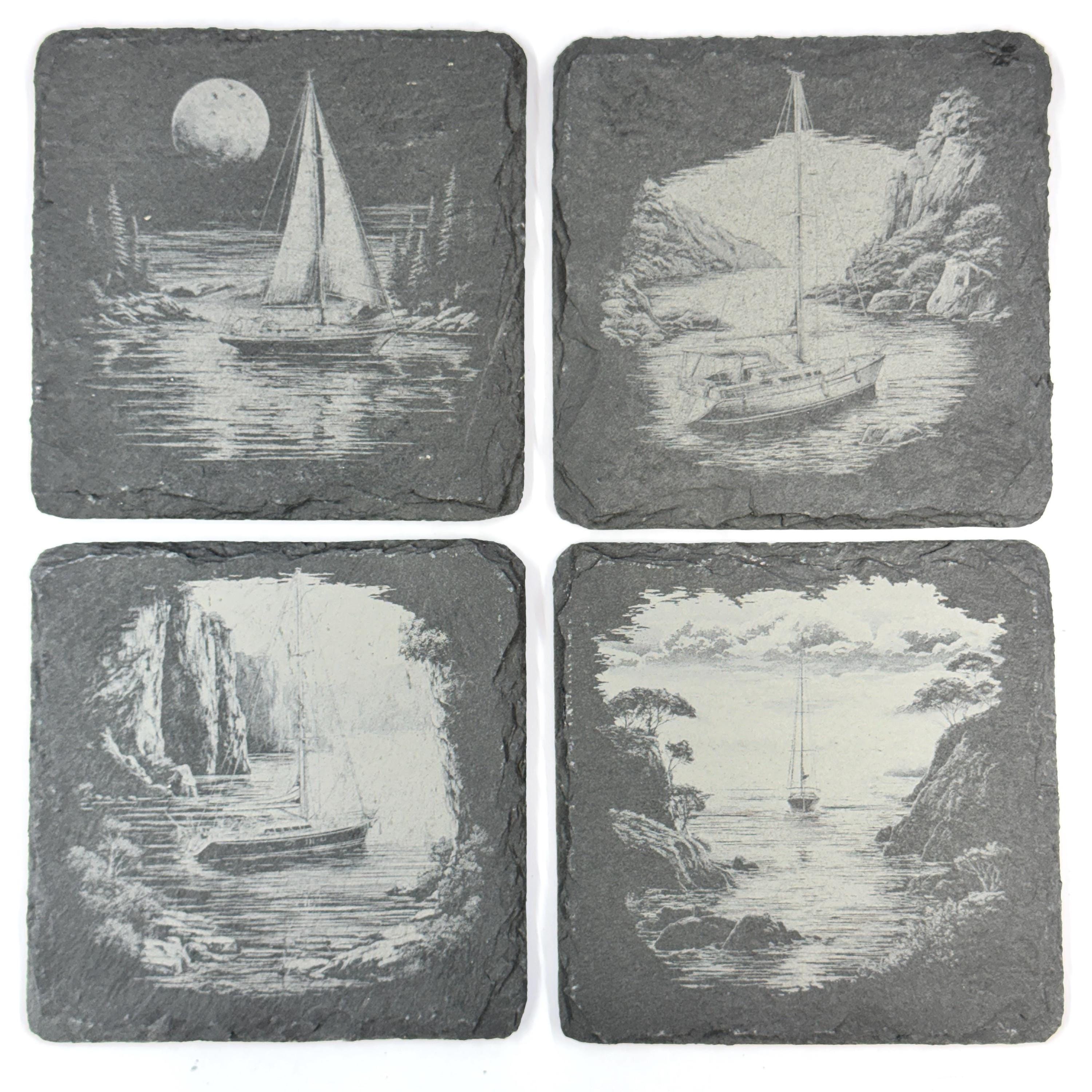 Sailboat Slate Coaster Set of 4, Laser Engraved Nautical Drinkware Gift