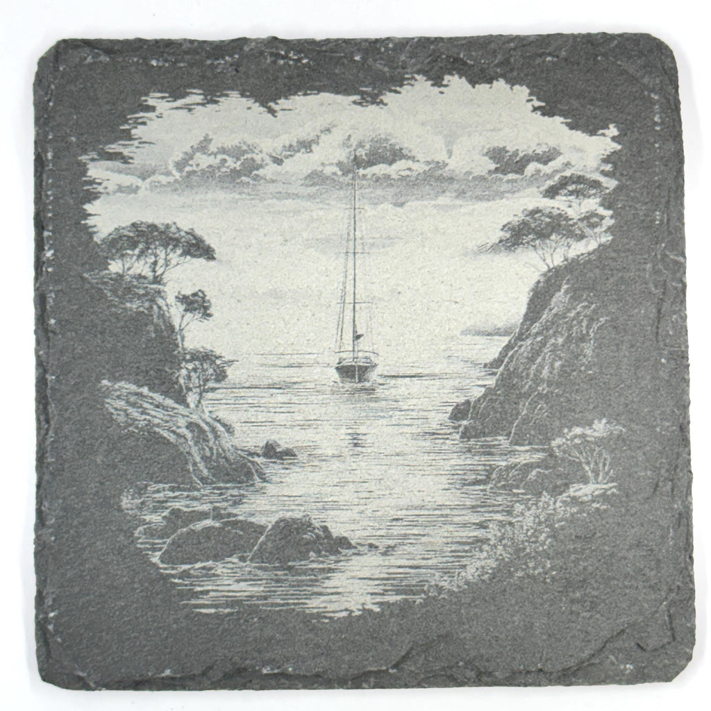Sailboat Slate Coaster Set of 4, Laser Engraved Nautical Drinkware Gift