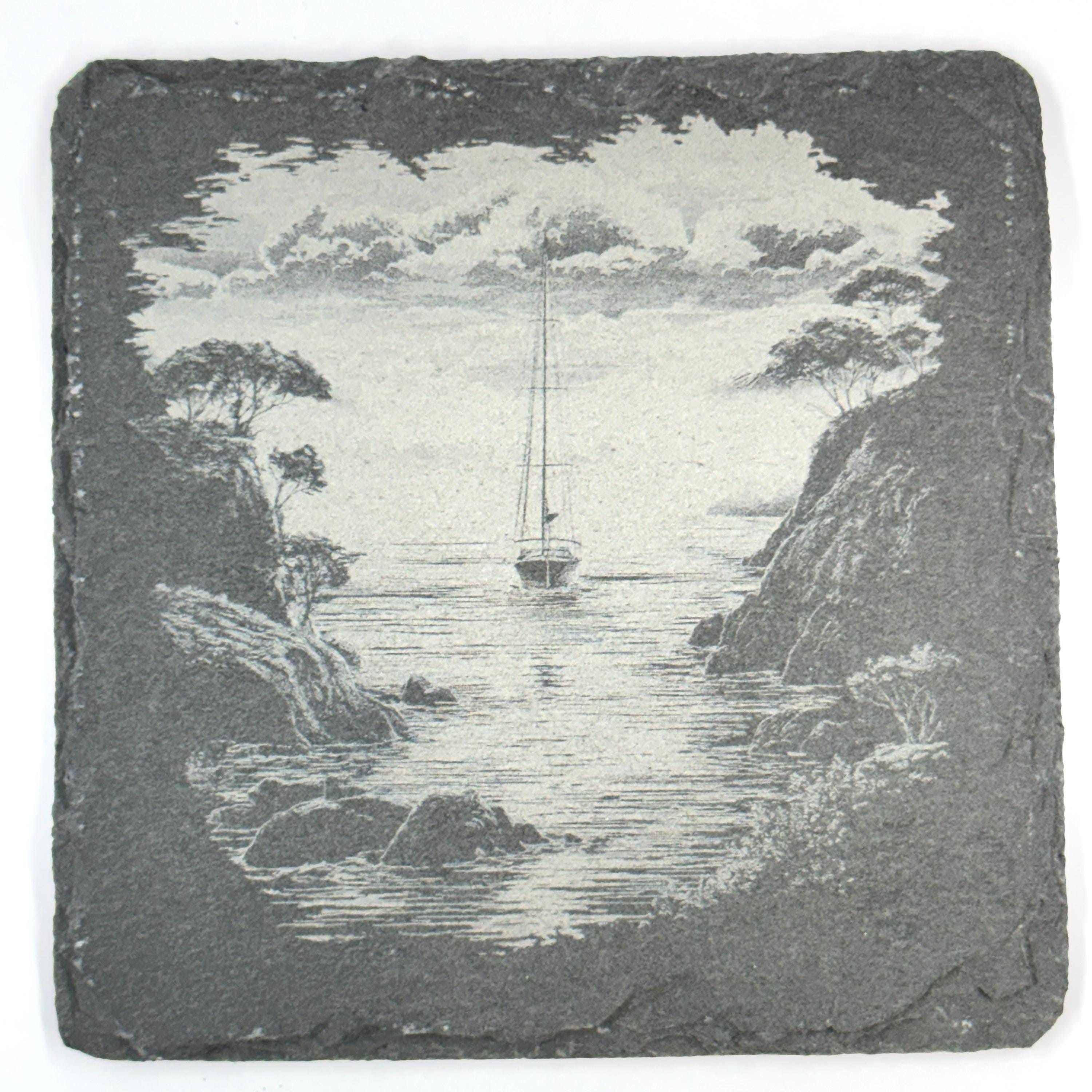 Sailboat Slate Coaster Set of 4, Laser Engraved Nautical Drinkware Gift