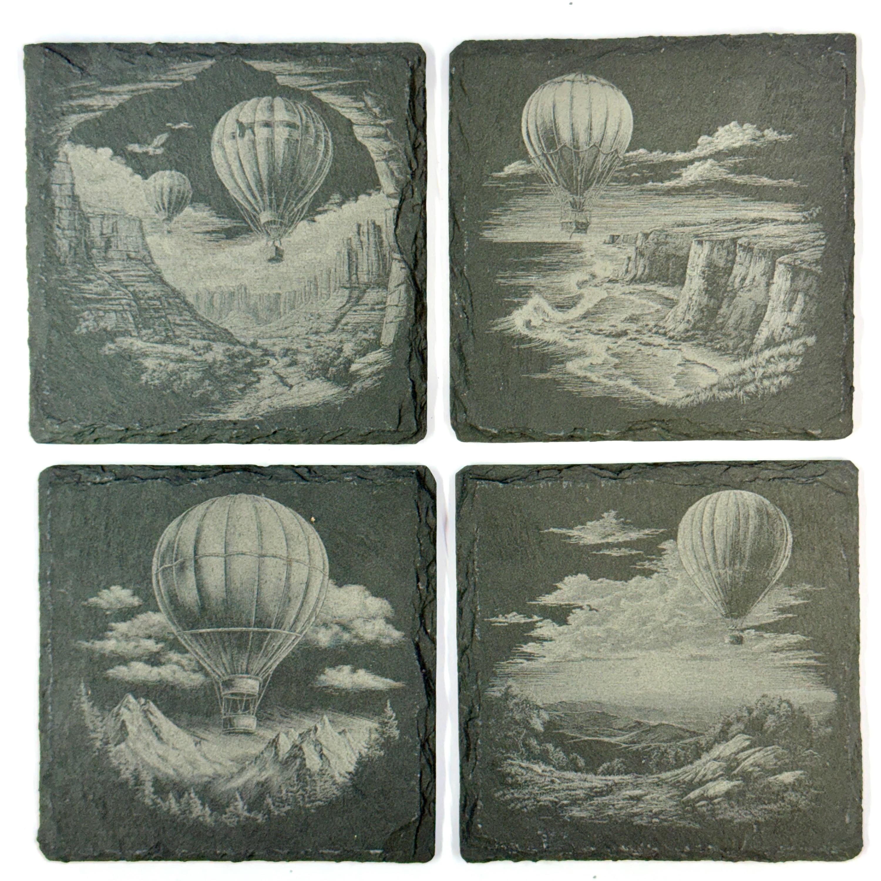 Hot Air Scenic Balloon Adventure Laser Engraved Slate Coaster Set of 4
